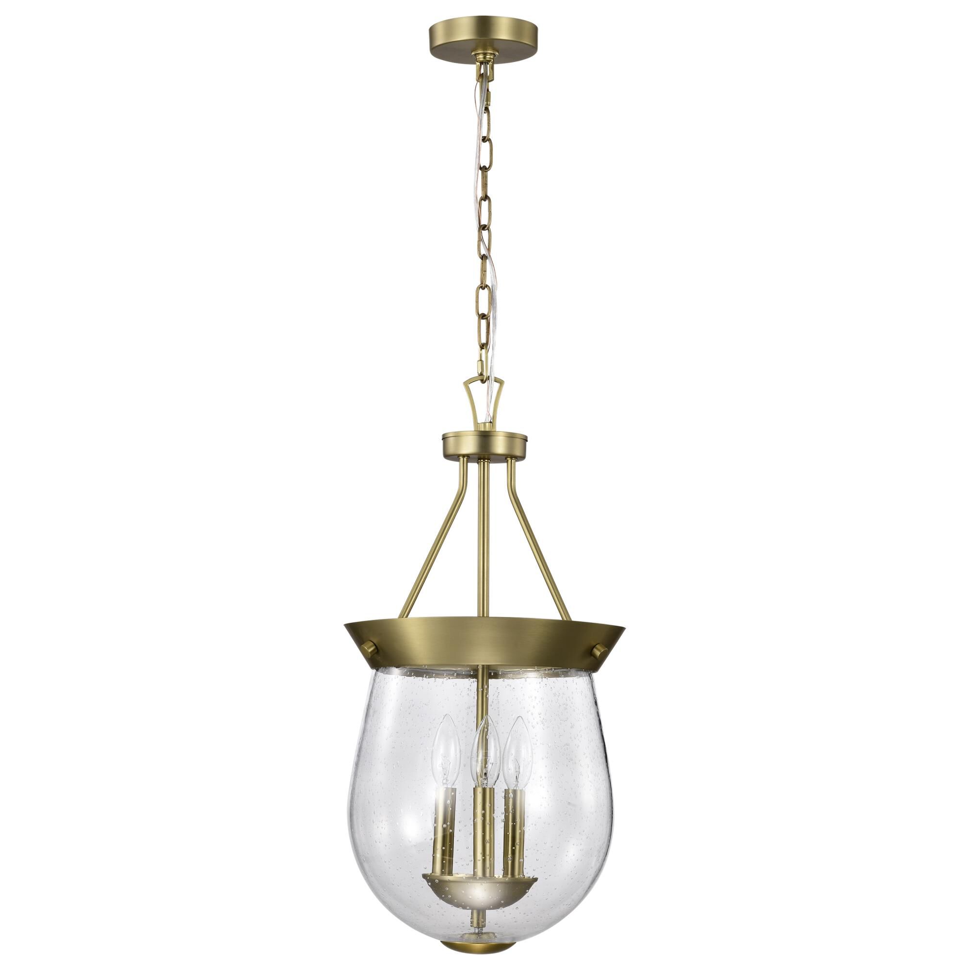 Shown in Vintage Brass finish and Clear Seeded glass
