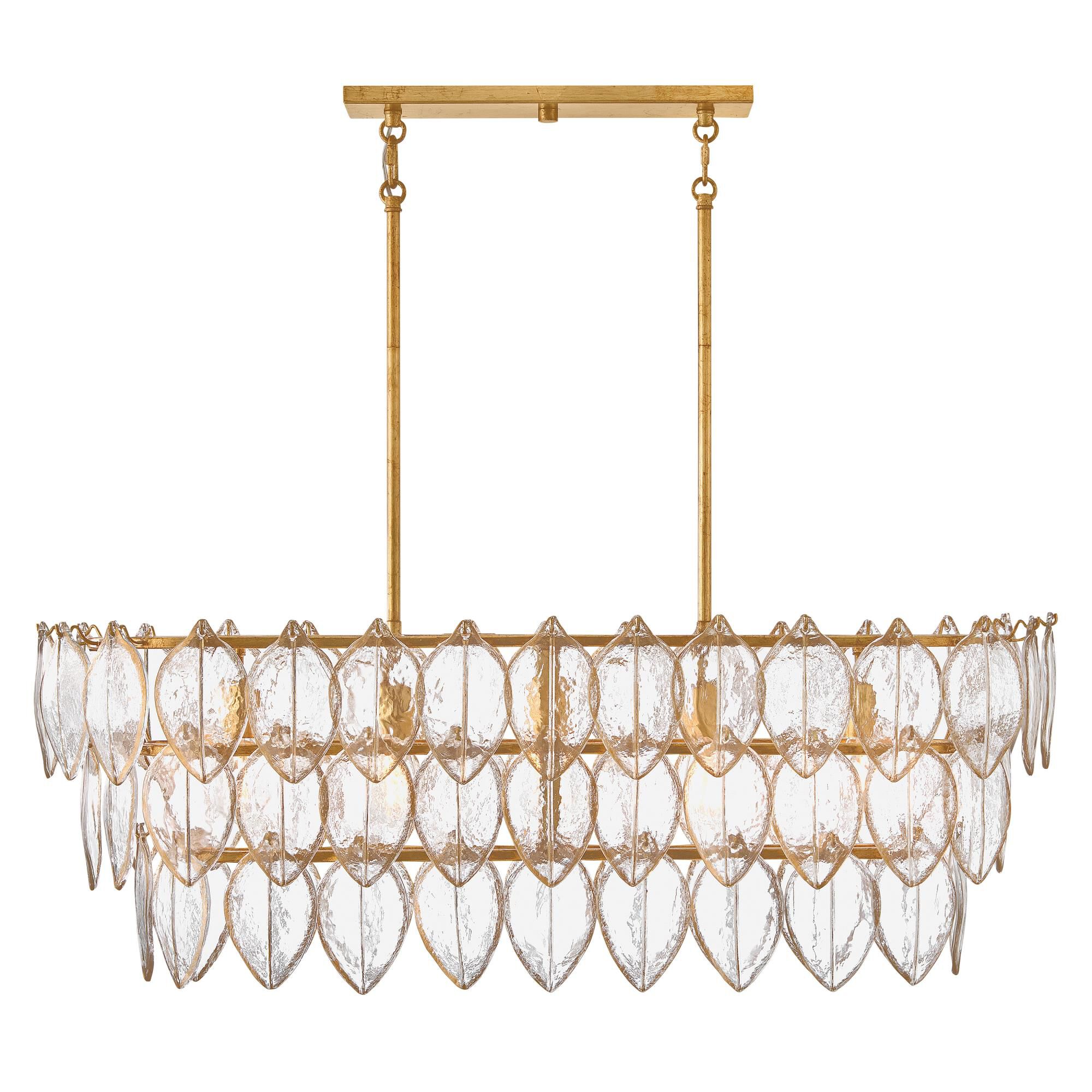 Shown in Distressed Brass finish and Clear Pressed glass