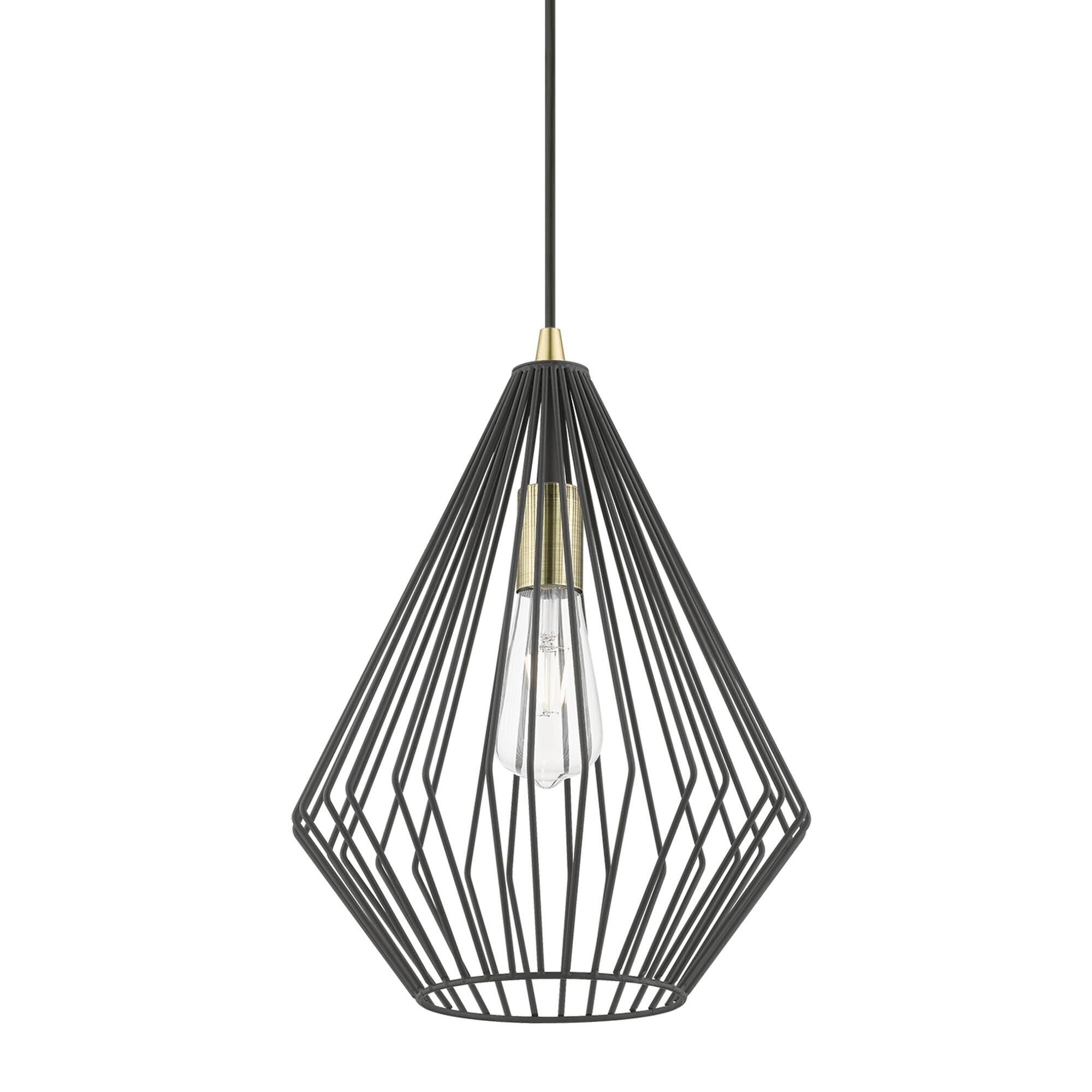 Shown in Textured Black with Antique Brass Accents finish and Textured Black Metal shade
