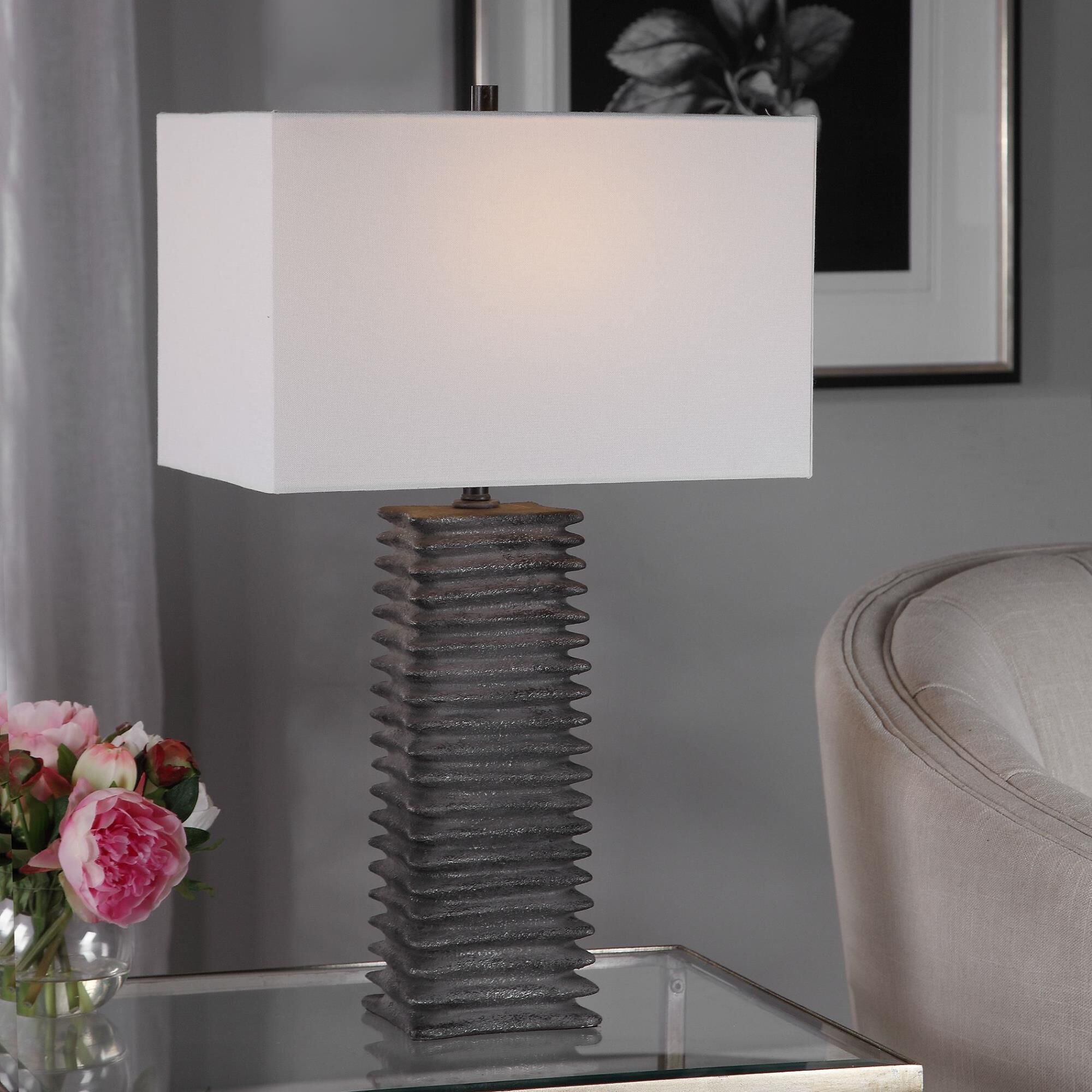 Shown in This Ceramic Table Lamp Features A Deep Ribbed Texture With A Subtle Organic Shape Finished In A Met finish and Rectangle shade