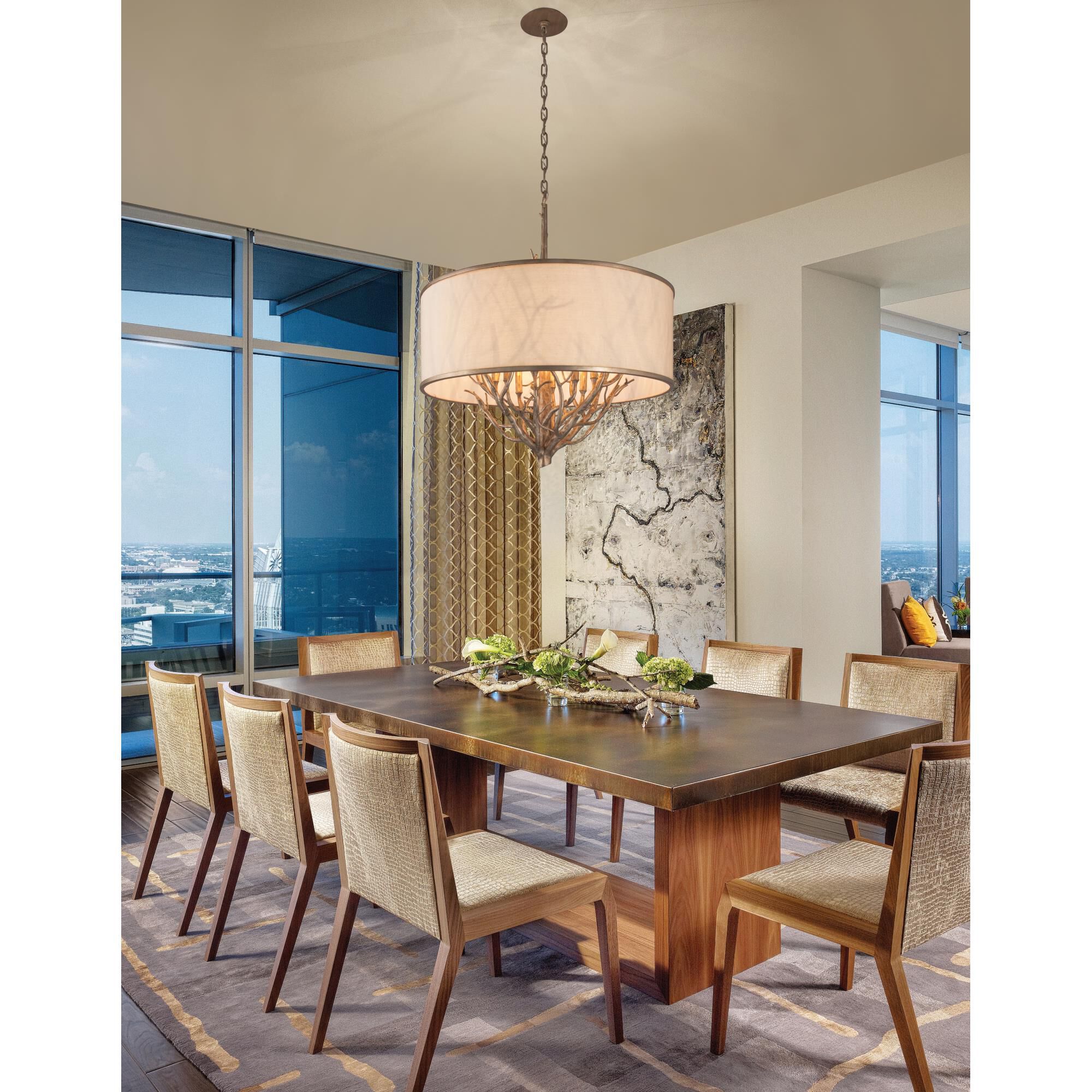 Shown in Vienna Bronze finish and Beige glass and Hardback Linen shade