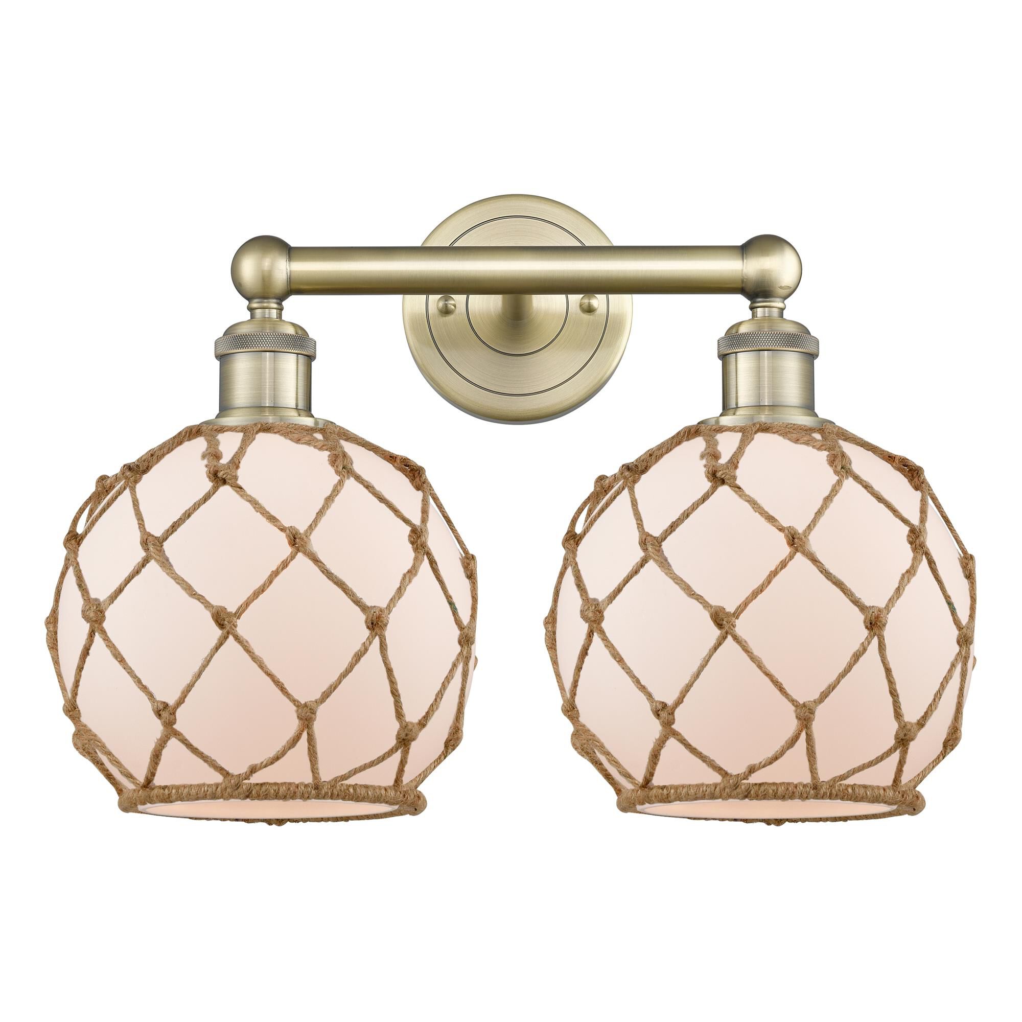 Shown in Antique Brass finish and White with Brown Rope glass