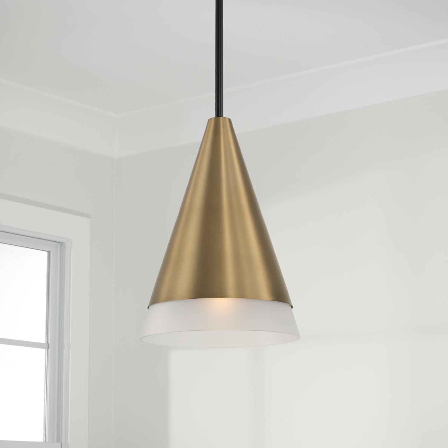Shown in Aged Brass And Black finish and Frosted glass
