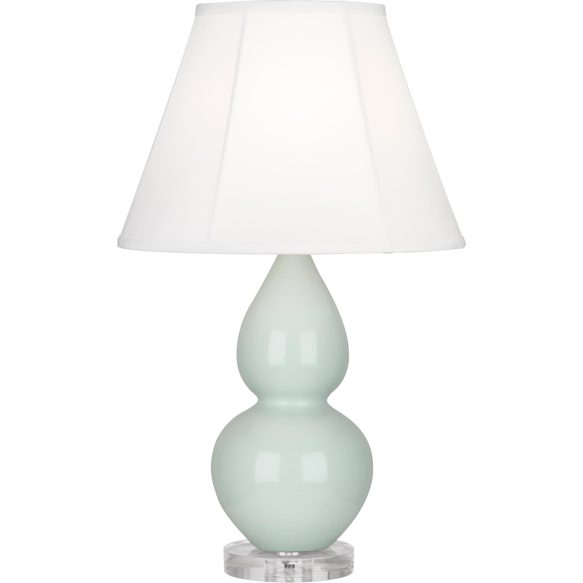 Shown in Celadon Glazed Ceramic With Lucite Base finish and Ivory Stretched Fabric shade
