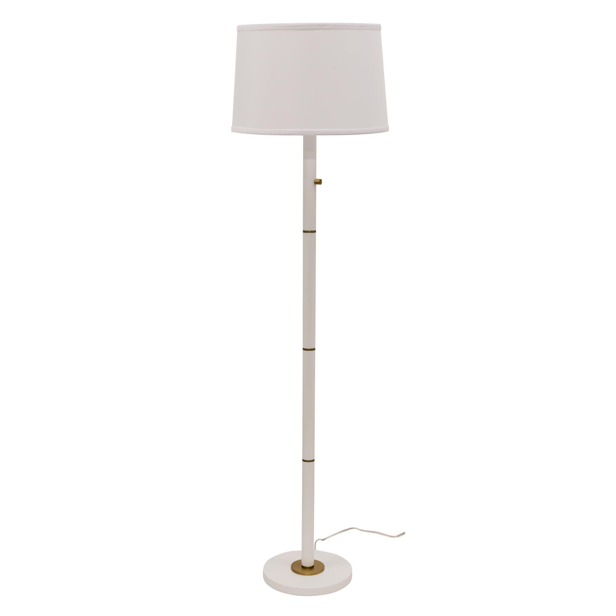 Shown in White With Weathered Brass Accents finish and White Linen Hardback shade and Weathered Brass accent