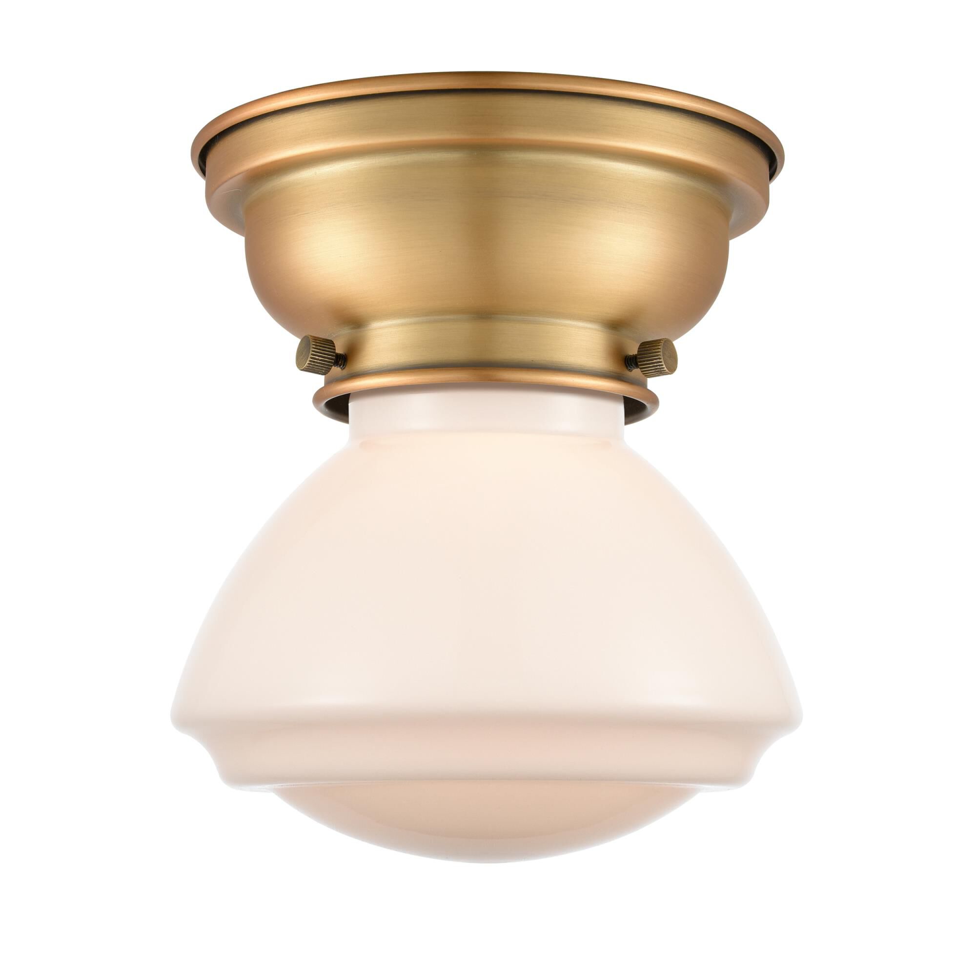 Shown in Brushed Brass finish and Matte White Olean glass