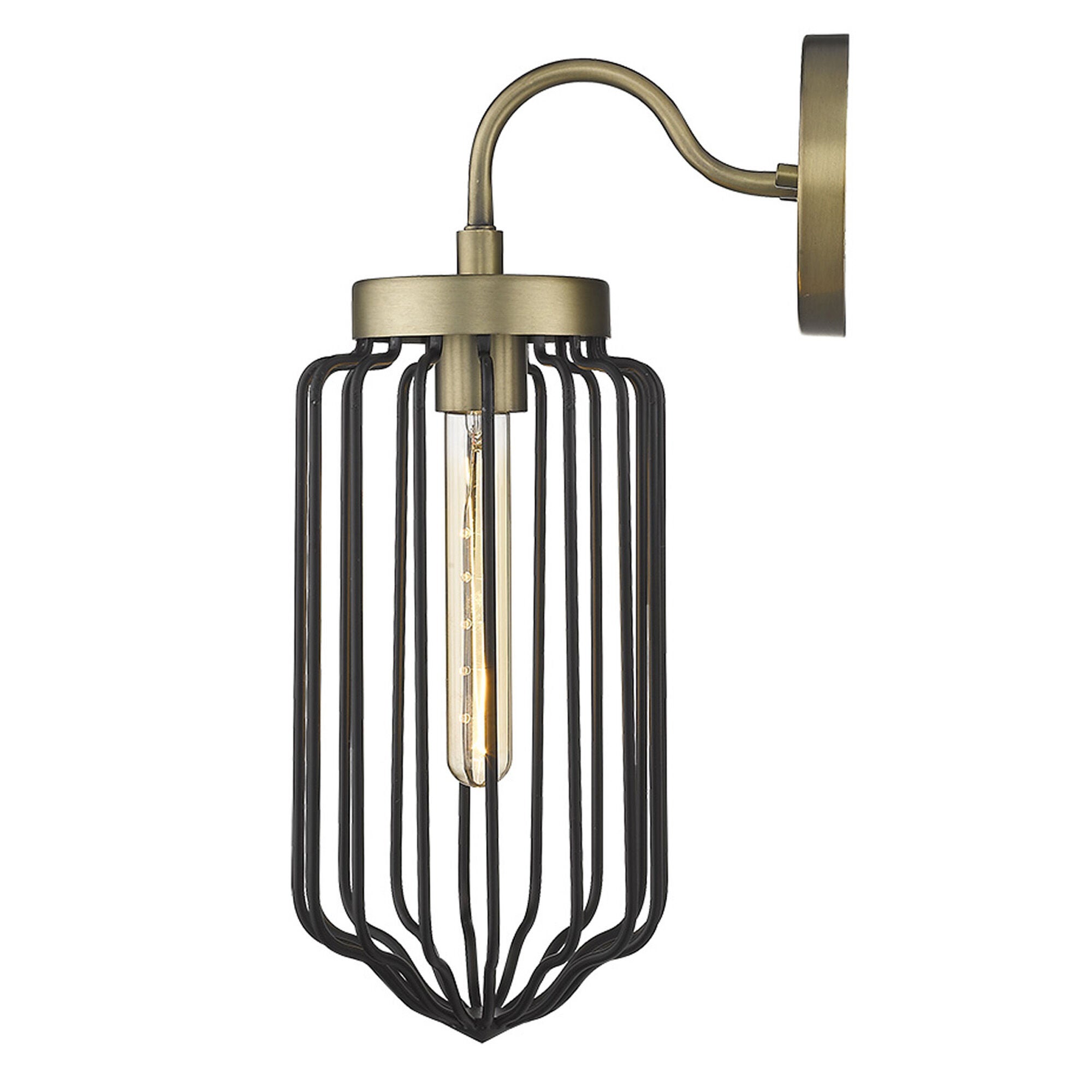 Shown in Aged Brass finish and Black glass and Black, Cylindrical Metal Cage s shade