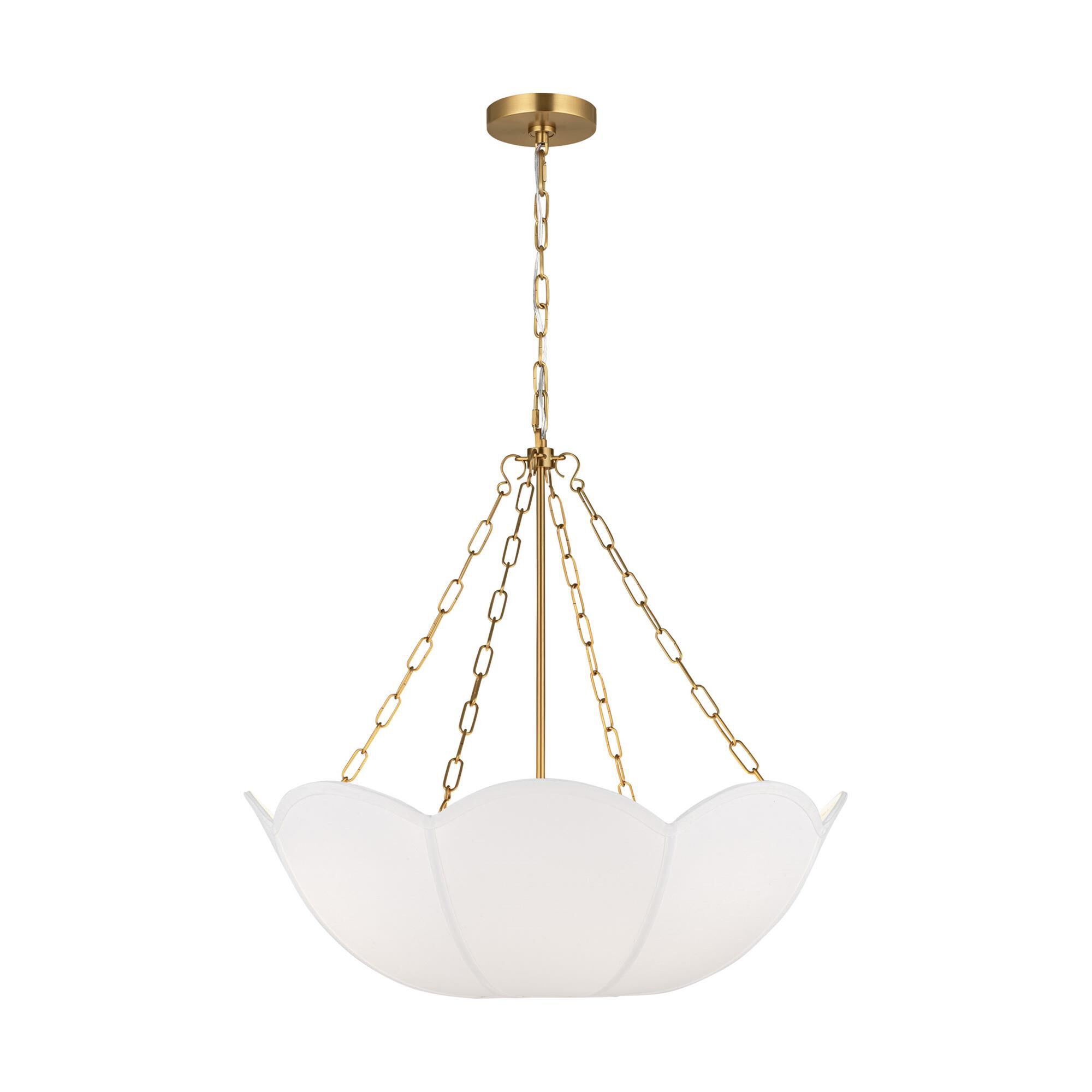 Shown in Burnished Brass finish and White Linen shade