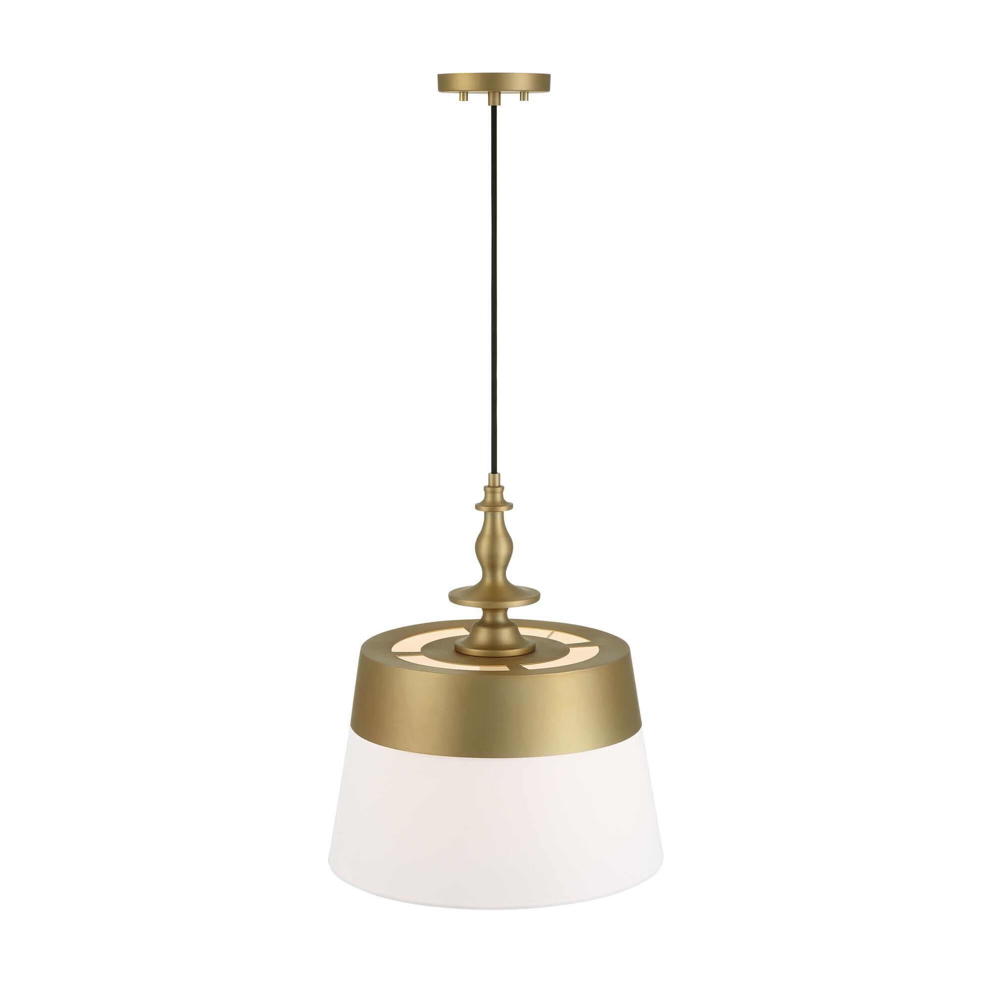 Shown in Brushed Gold finish and White Fabric  shade