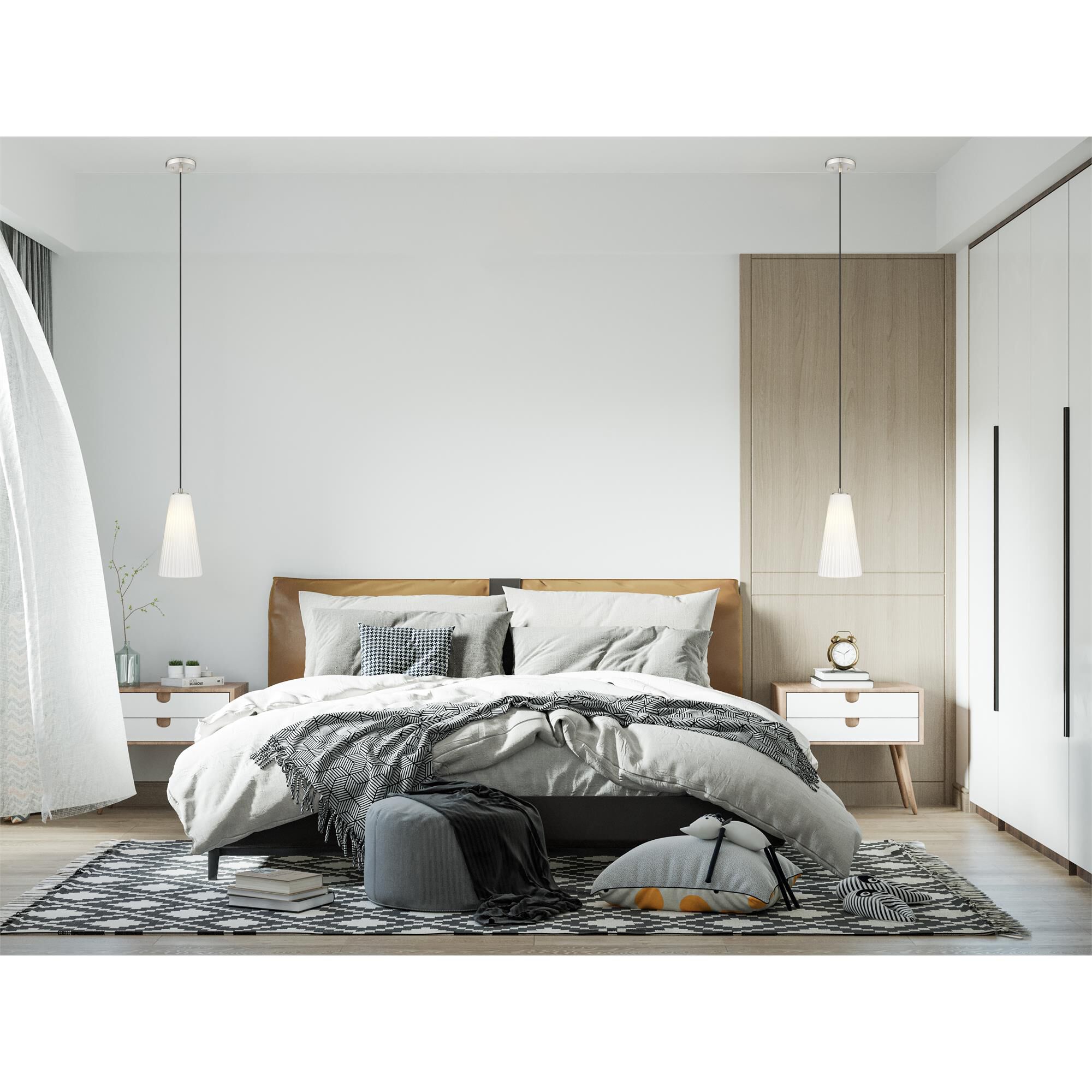 Shown in Brushed Nickel finish and White glass and White shade