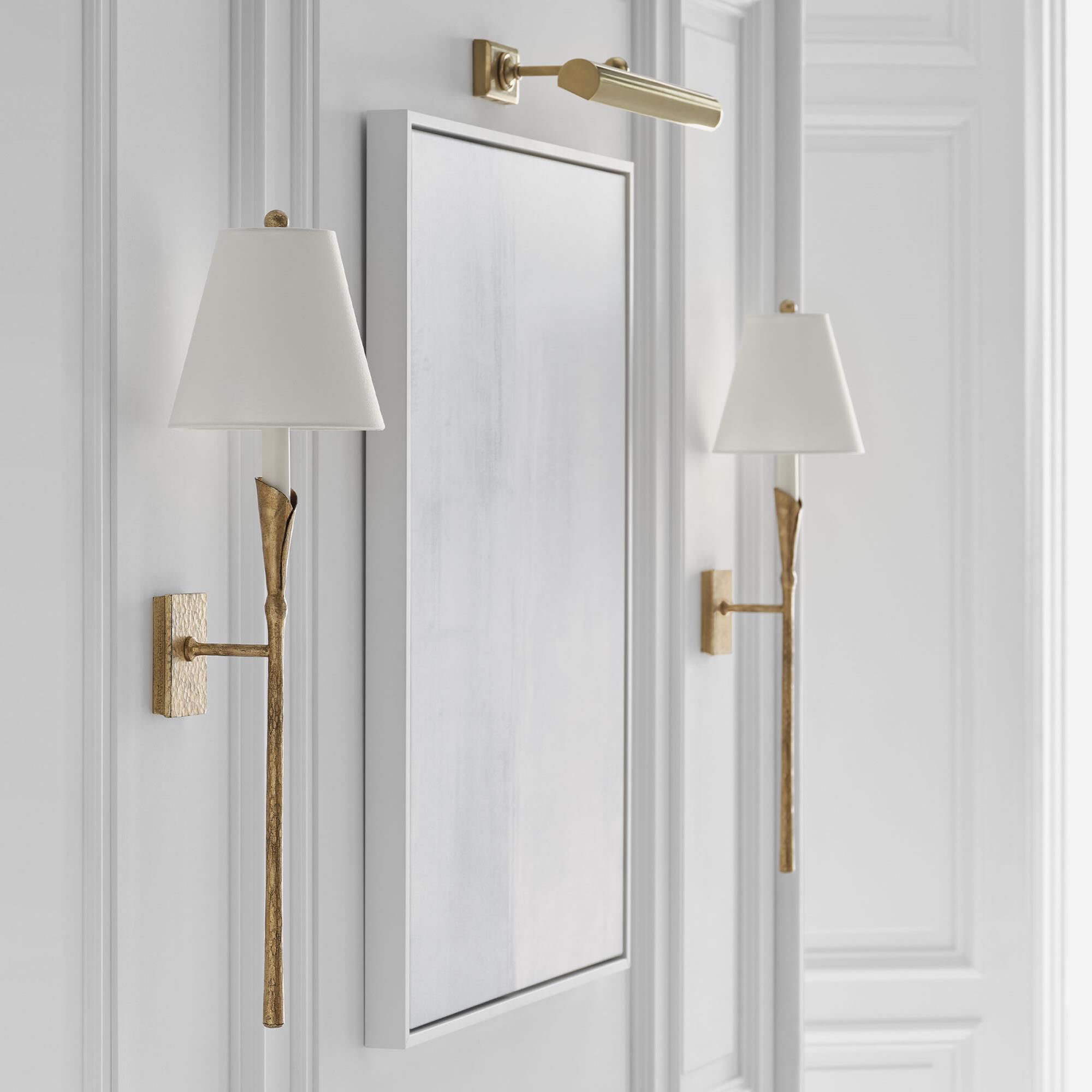 Shown in Gilded Iron finish and Linen shade