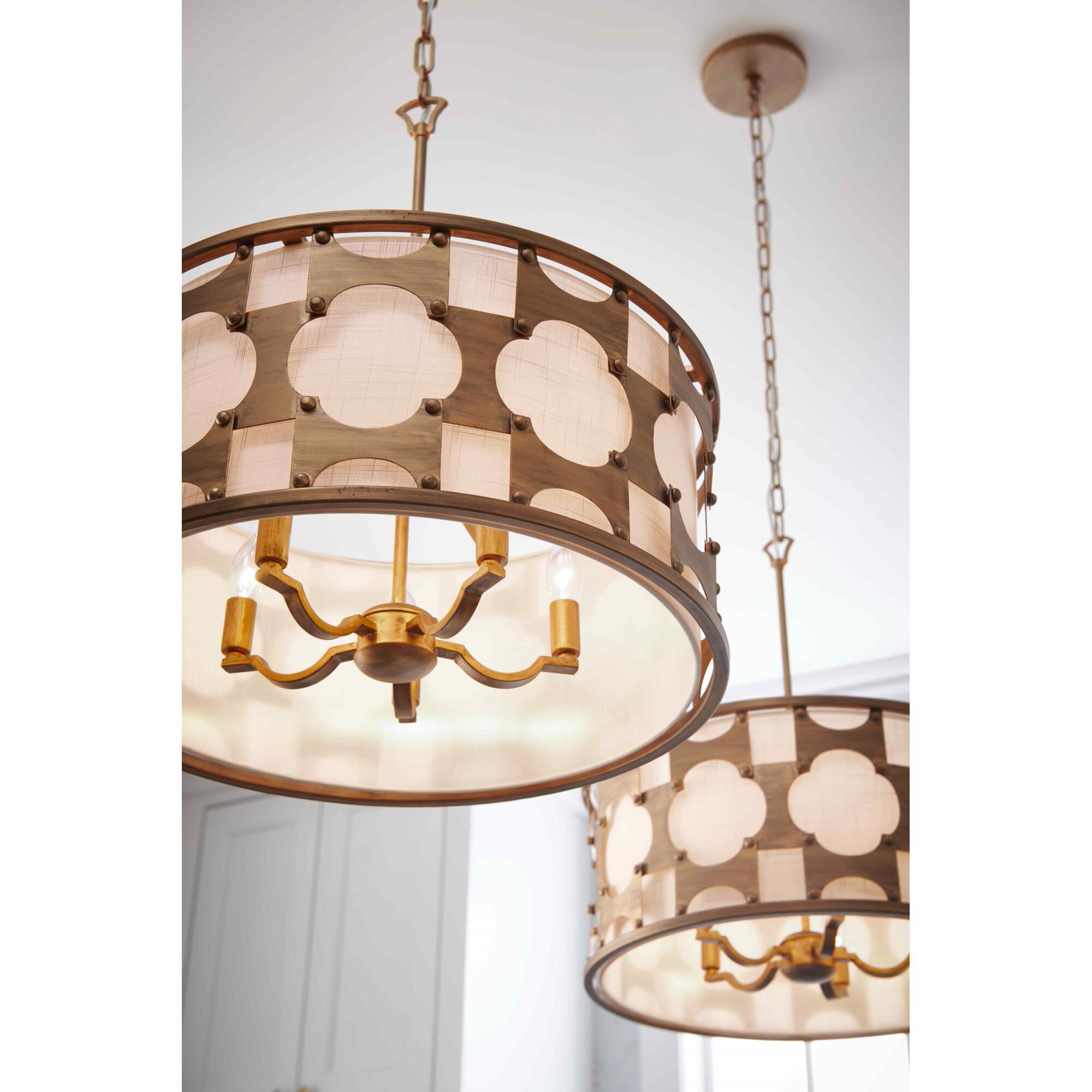 Shown in Burnished Gold finish and Off-White Textured shade