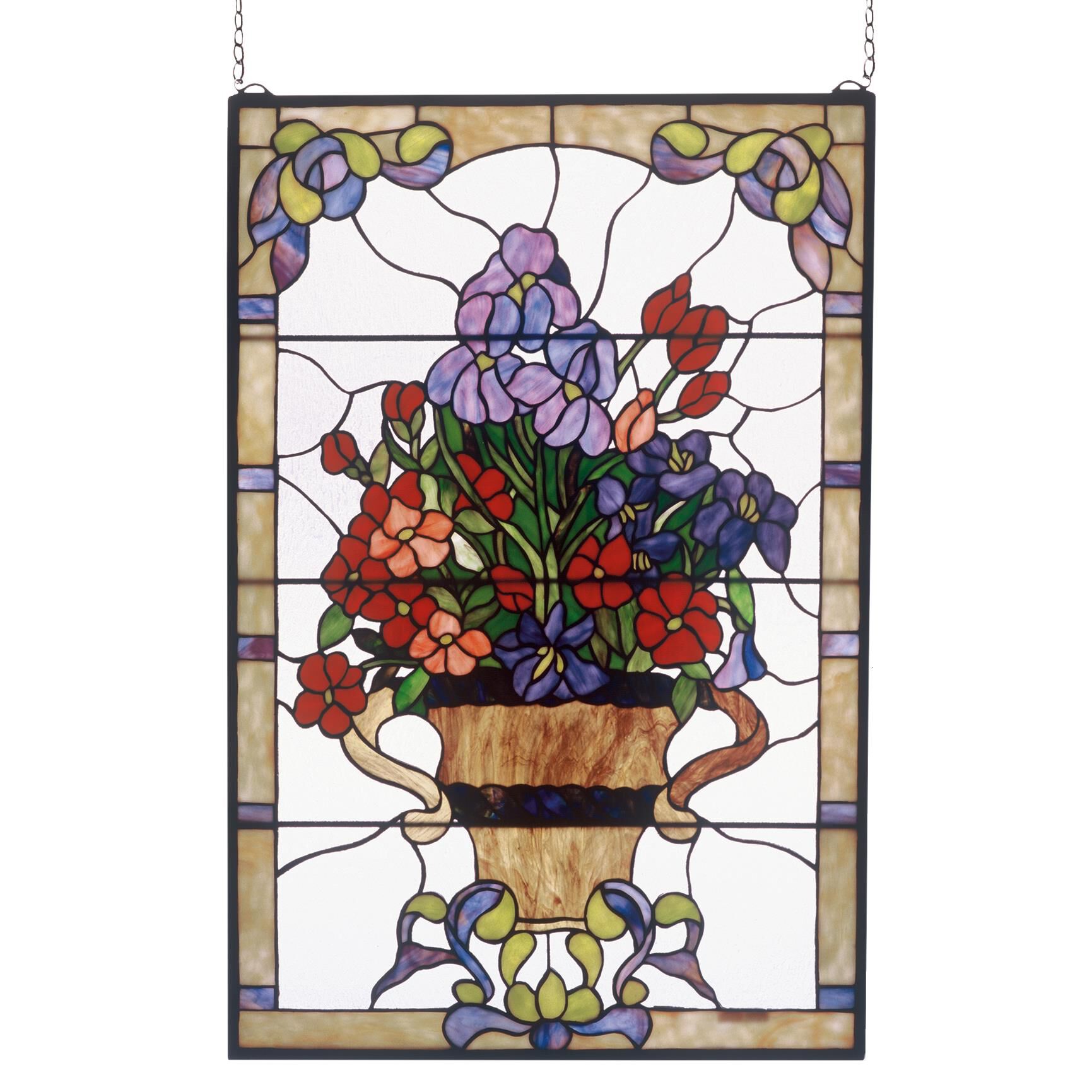 Shown in Brass finish and Lavender-Burgundy-Coral-Indigo-Clear glass
