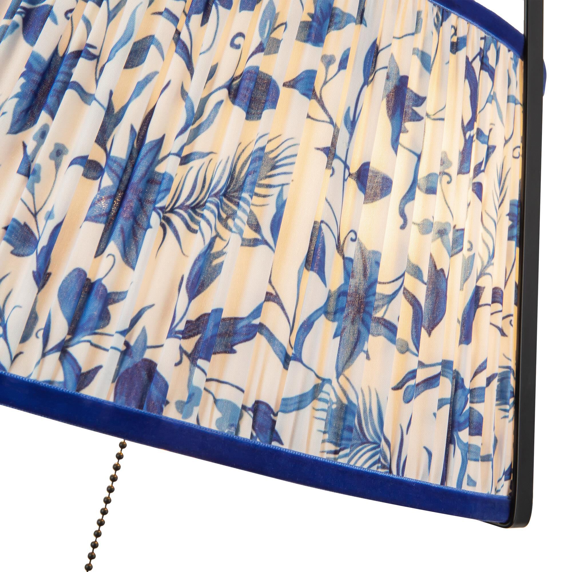 Shown in Matte Black finish and Blue Linen shade