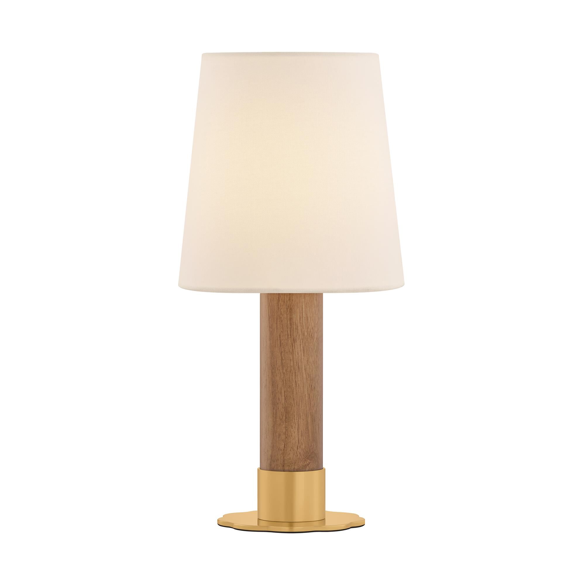 Shown in Aged Brass finish and White Linen shade