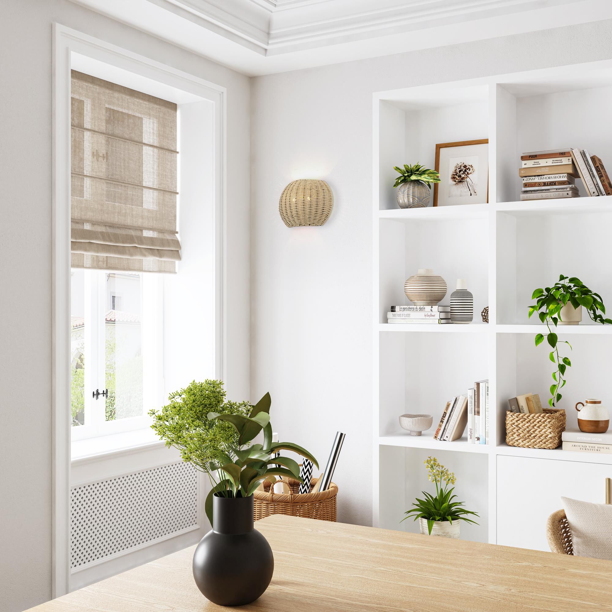 Shown in Antique Gold Leaf finish and Hand-Woven French Beige Paper Rope shade