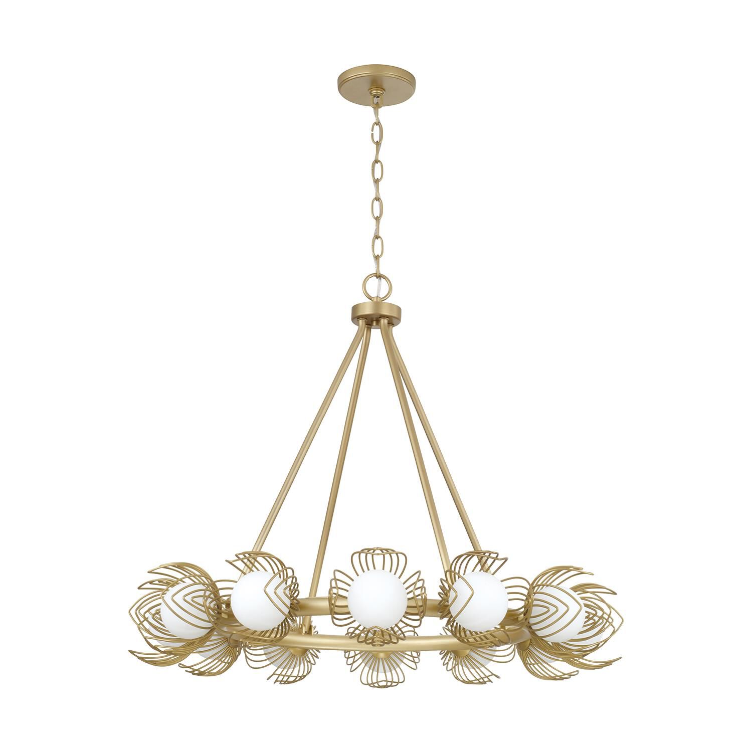 Shown in Buffed Gold finish and Soft White  Globes glass