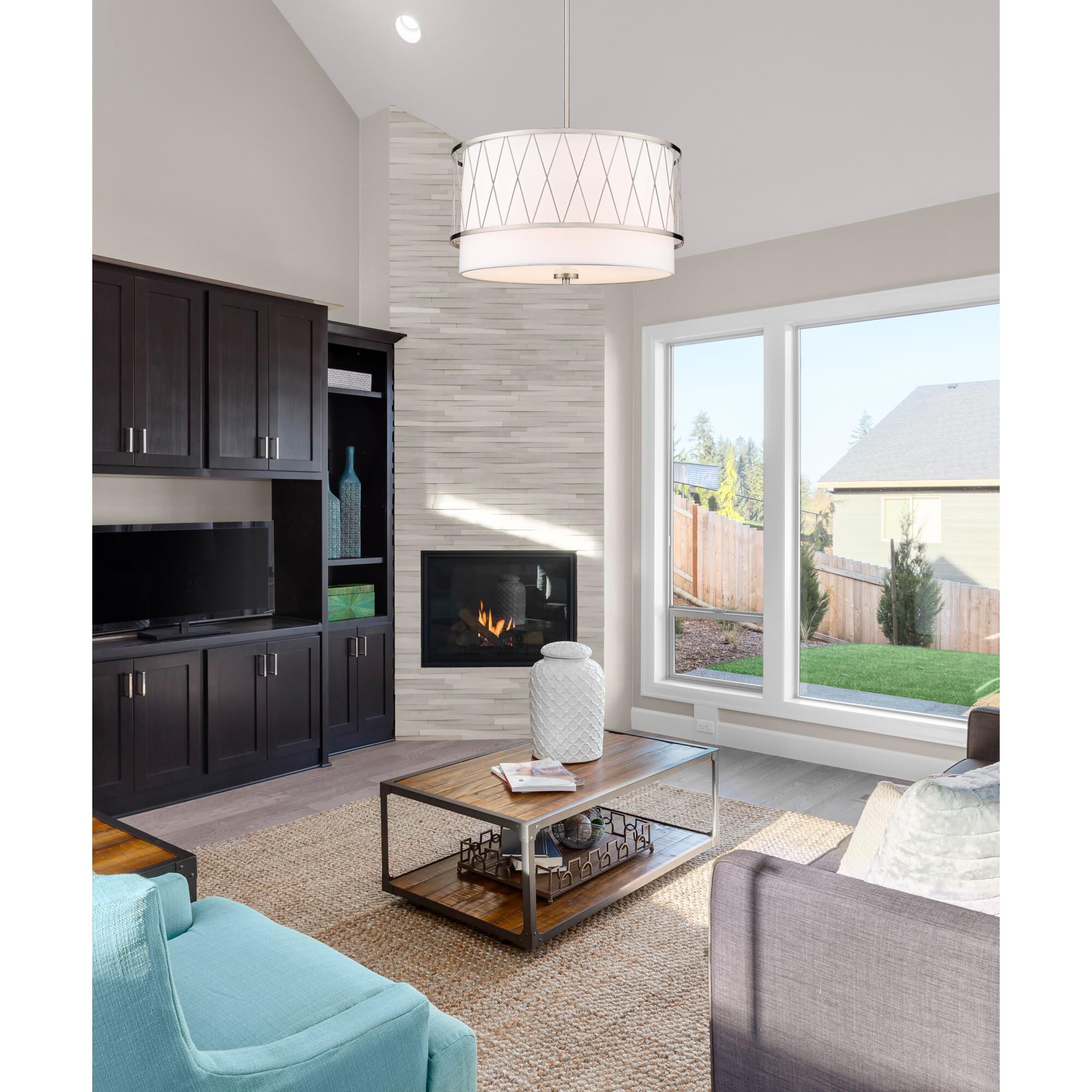 Shown in Brushed Nickel finish and White glass and White shade