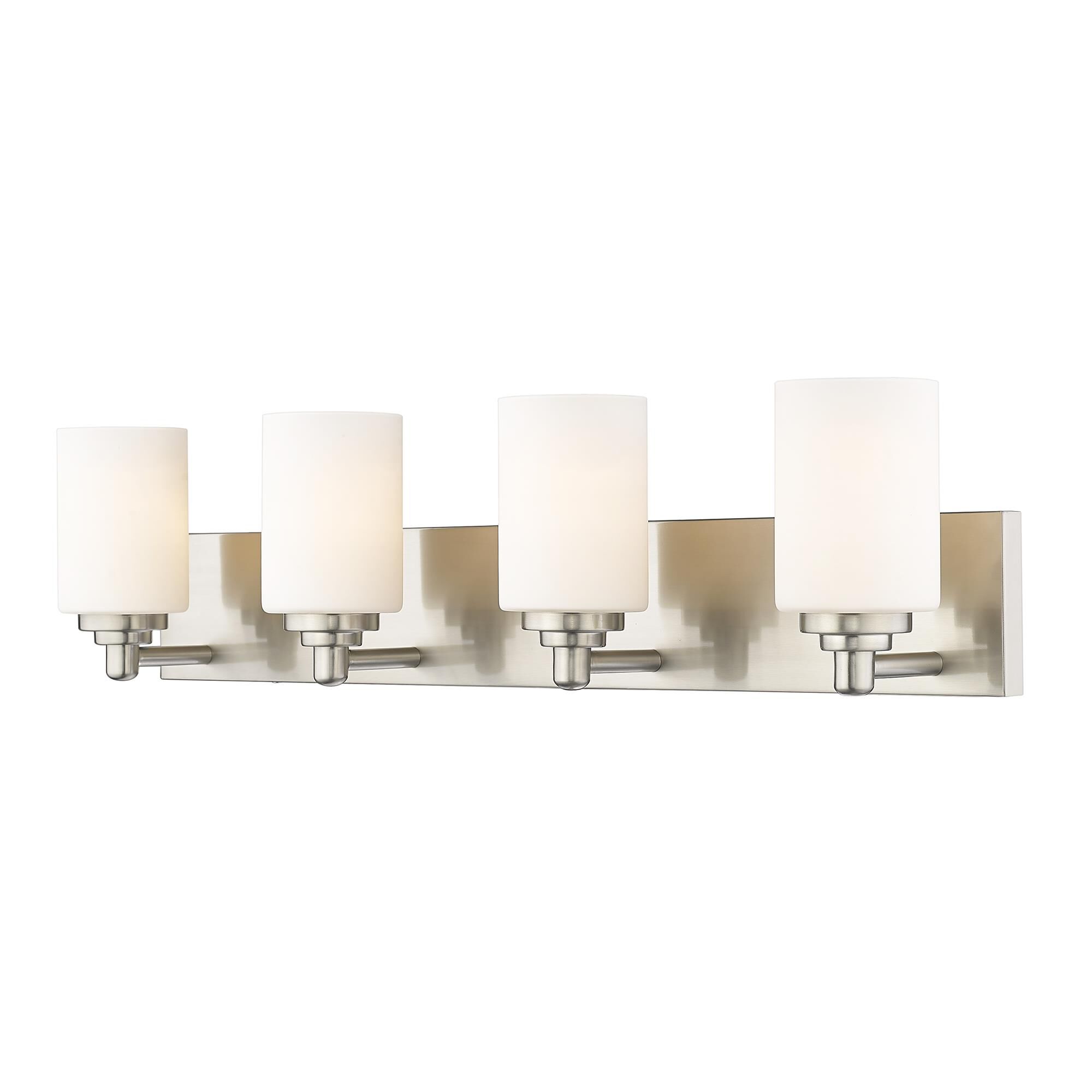 Shown in Brushed Nickel finish and White glass