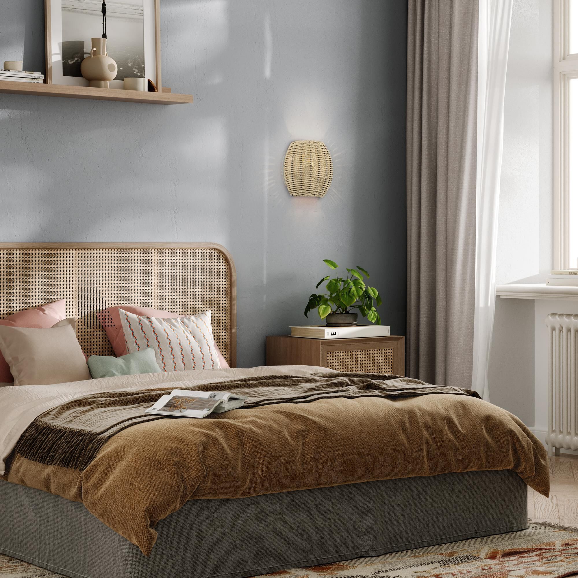 Shown in Antique Gold Leaf finish and Hand-Woven French Beige Paper Rope shade