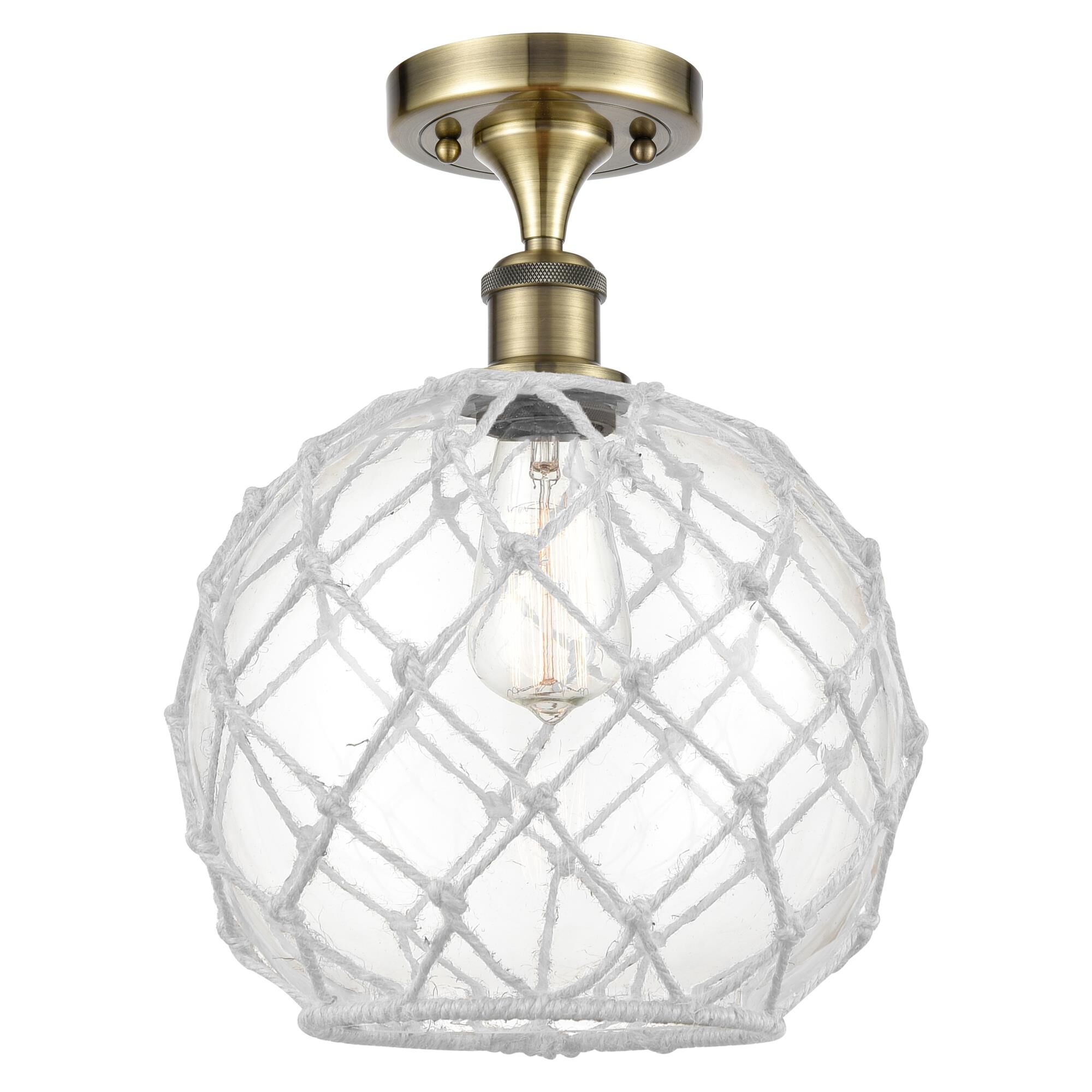 Shown in Antique Brass finish and Clear with White Rope glass