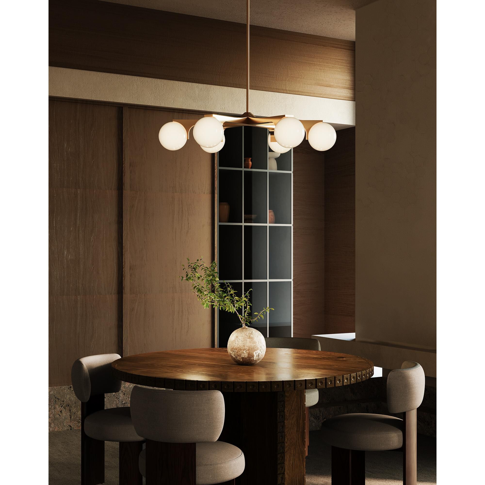 Shown in Brushed Gold finish and Matte Opal glass
