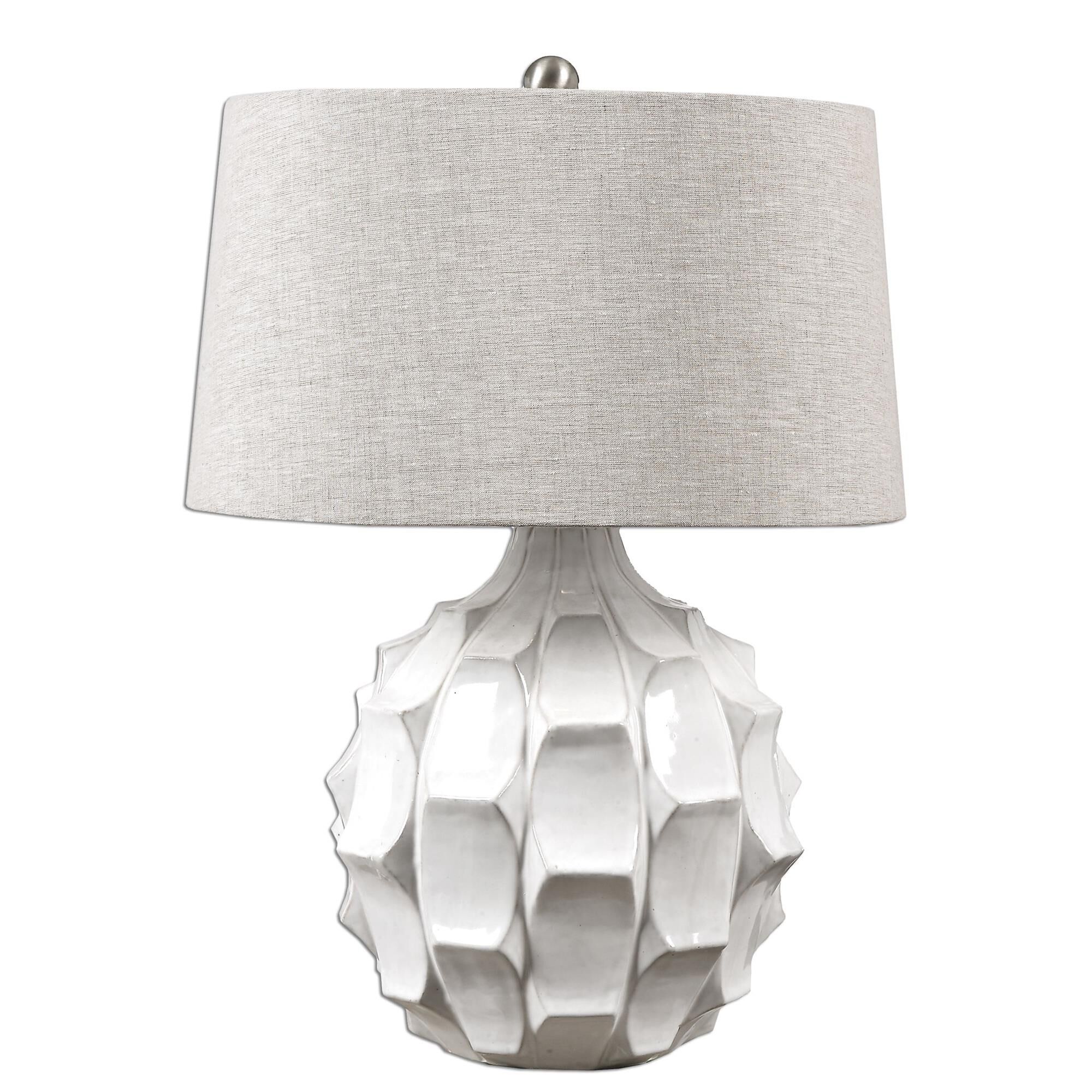 Shown in Distressed Gloss White-Plated Brushed Nickel finish and Light Taupe Gray Linen shade