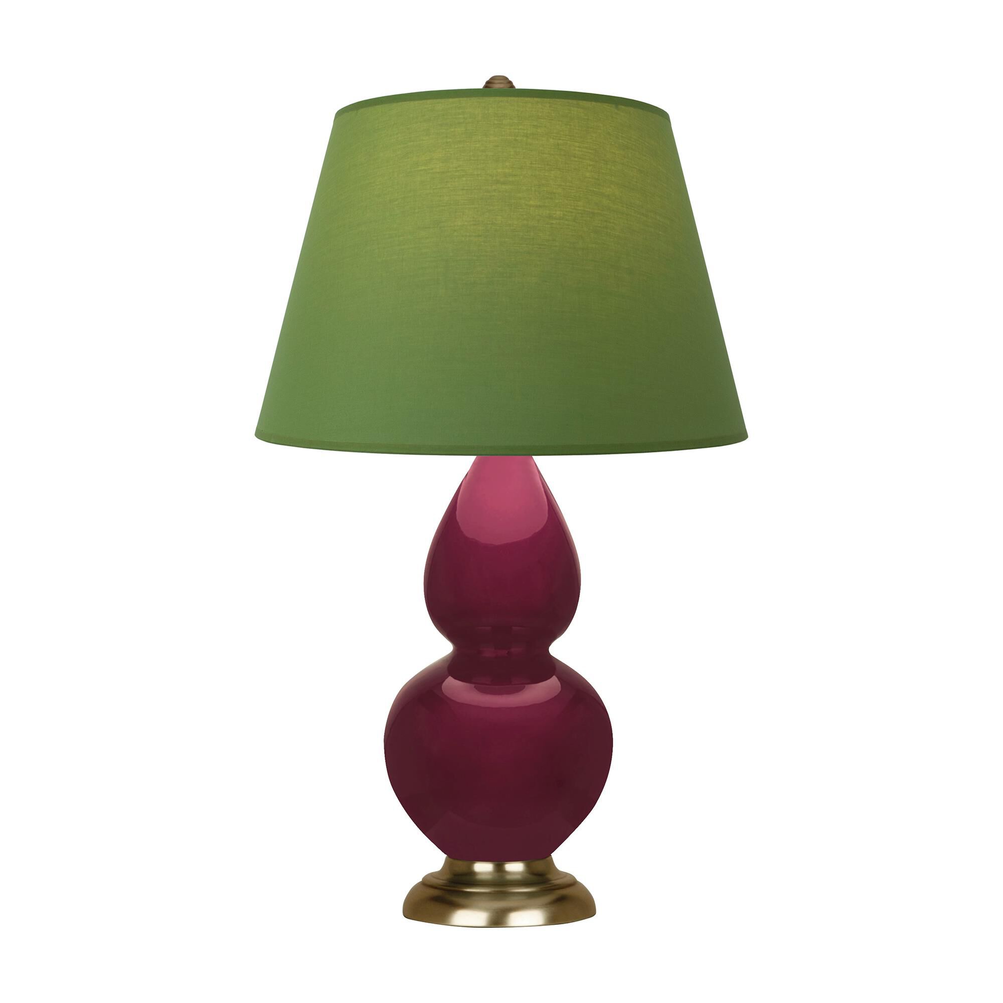 Shown in Sugar Plum finish and Tea Green with Taupe Lining shade and Antique Brass accent