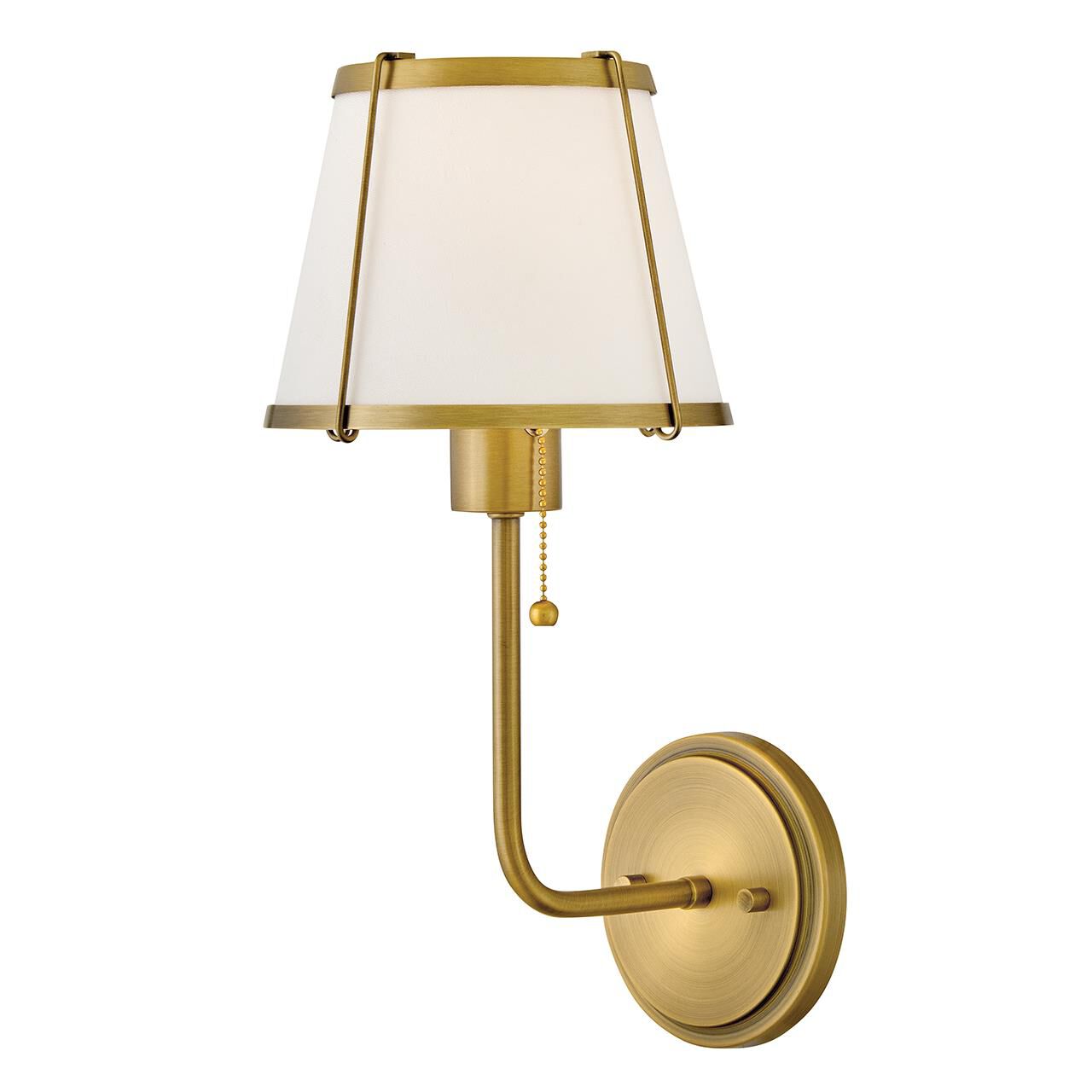Shown in Lacquered Dark Brass finish and Off-White Linen shade