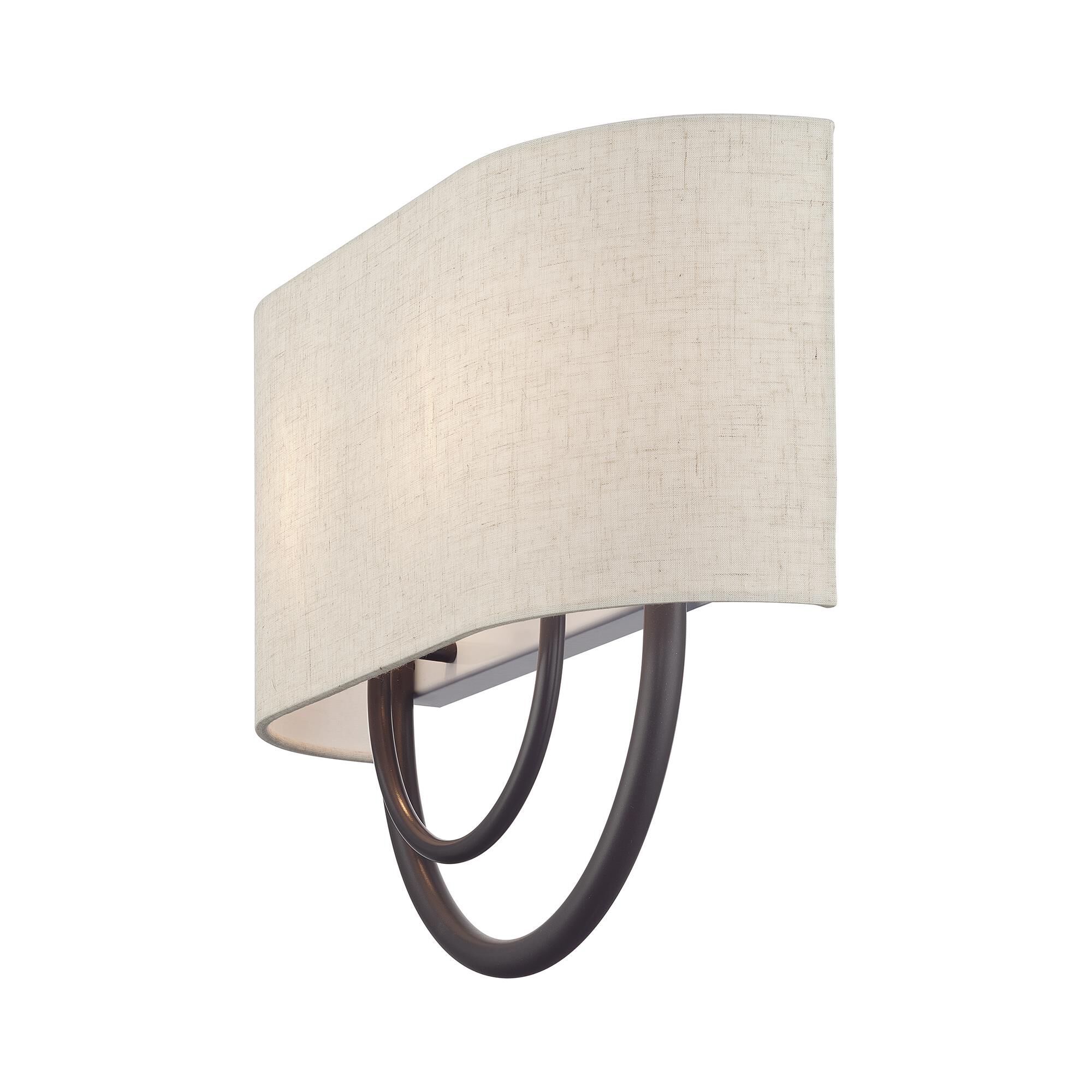 Shown in English Bronze finish and Hand Crafted Oatmeal Color Fabric Hardback with White Fabric Inside shade