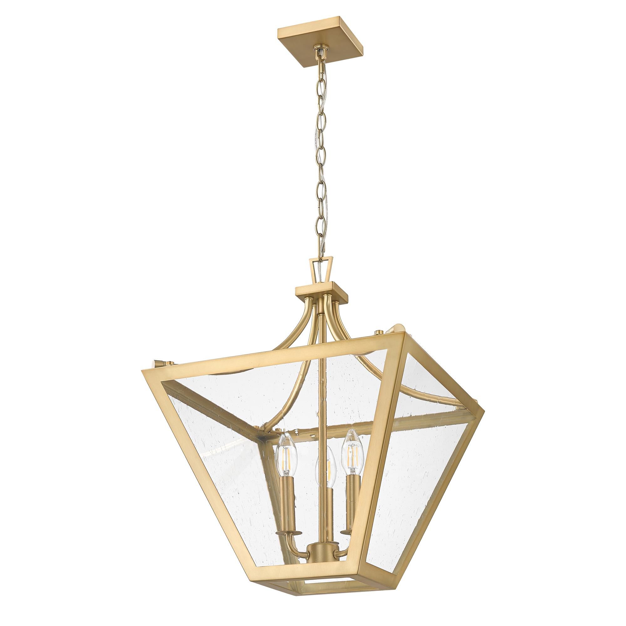 Shown in Rubbed Brass finish and Clear Seedy glass
