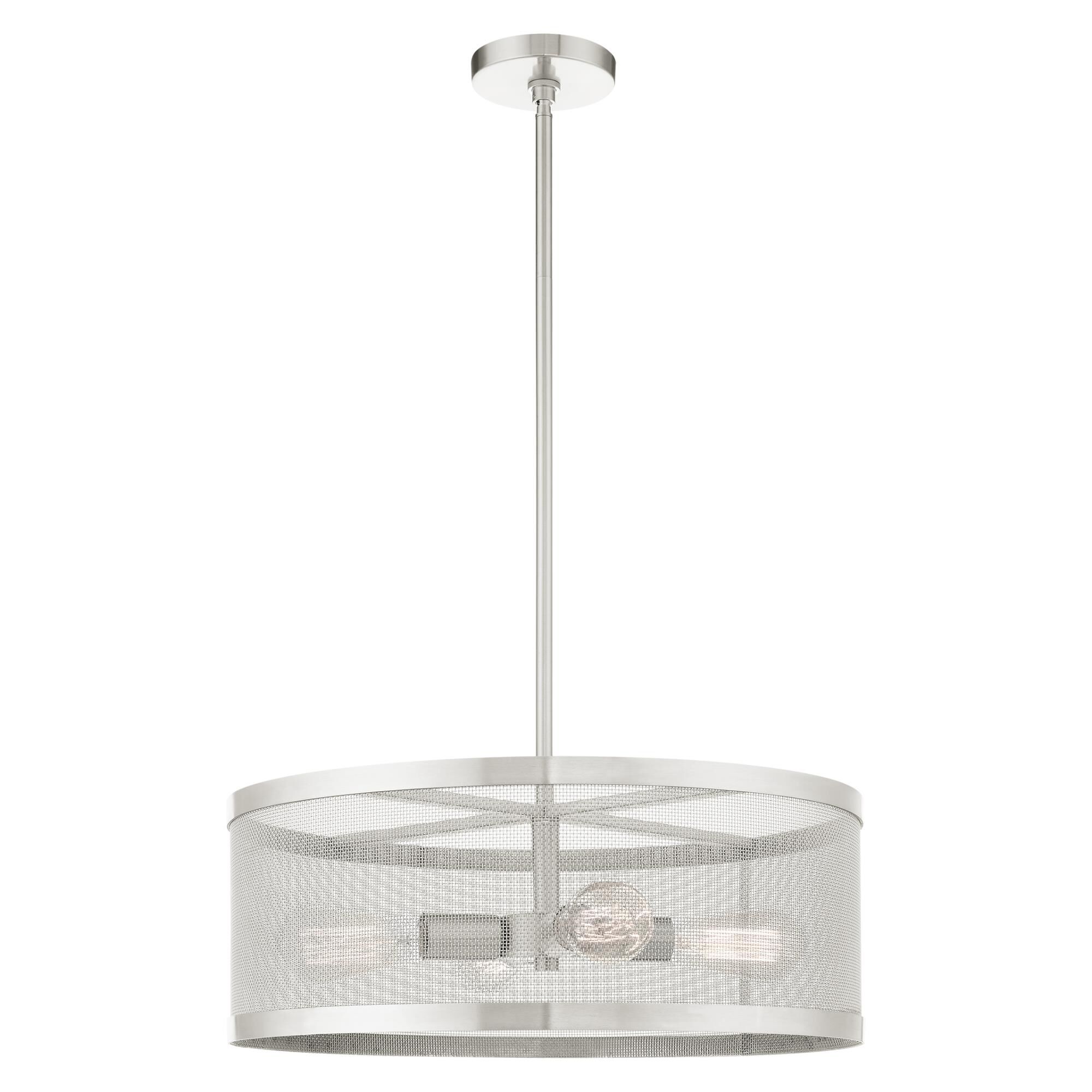 Shown in Brushed Nickel finish and Brushed Nickle Stainless Mesh Shade glass and Brushed Nickle Stainless Mesh shade