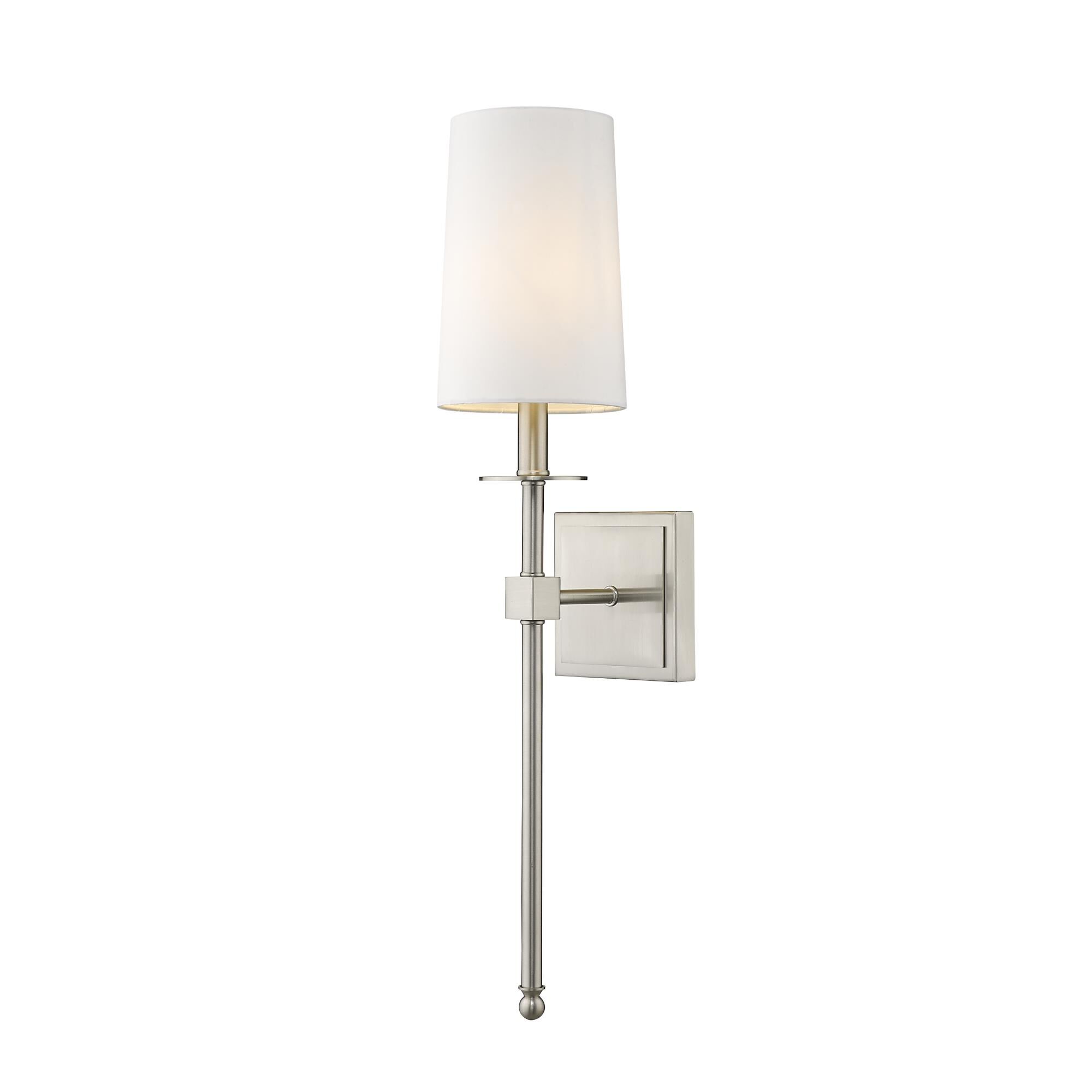 Shown in Brushed Nickel finish and Fabric glass and Fabric shade