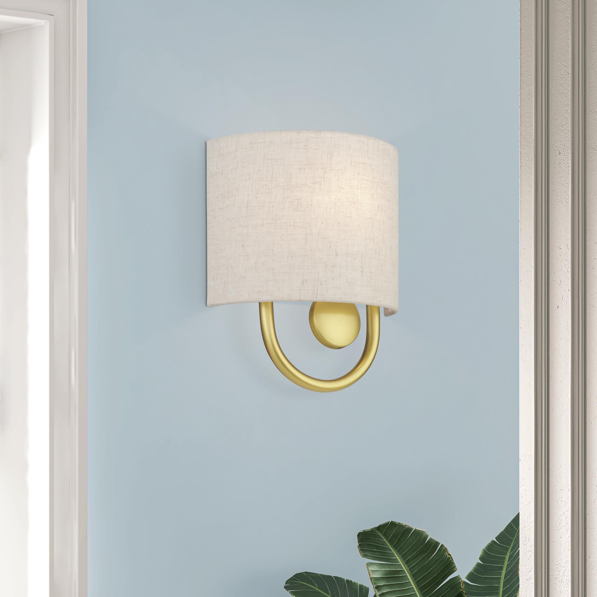 Shown in Soft Gold finish and Hand Crafted Oatmeal Color Fabric Hardback with White Fabric Inside shade