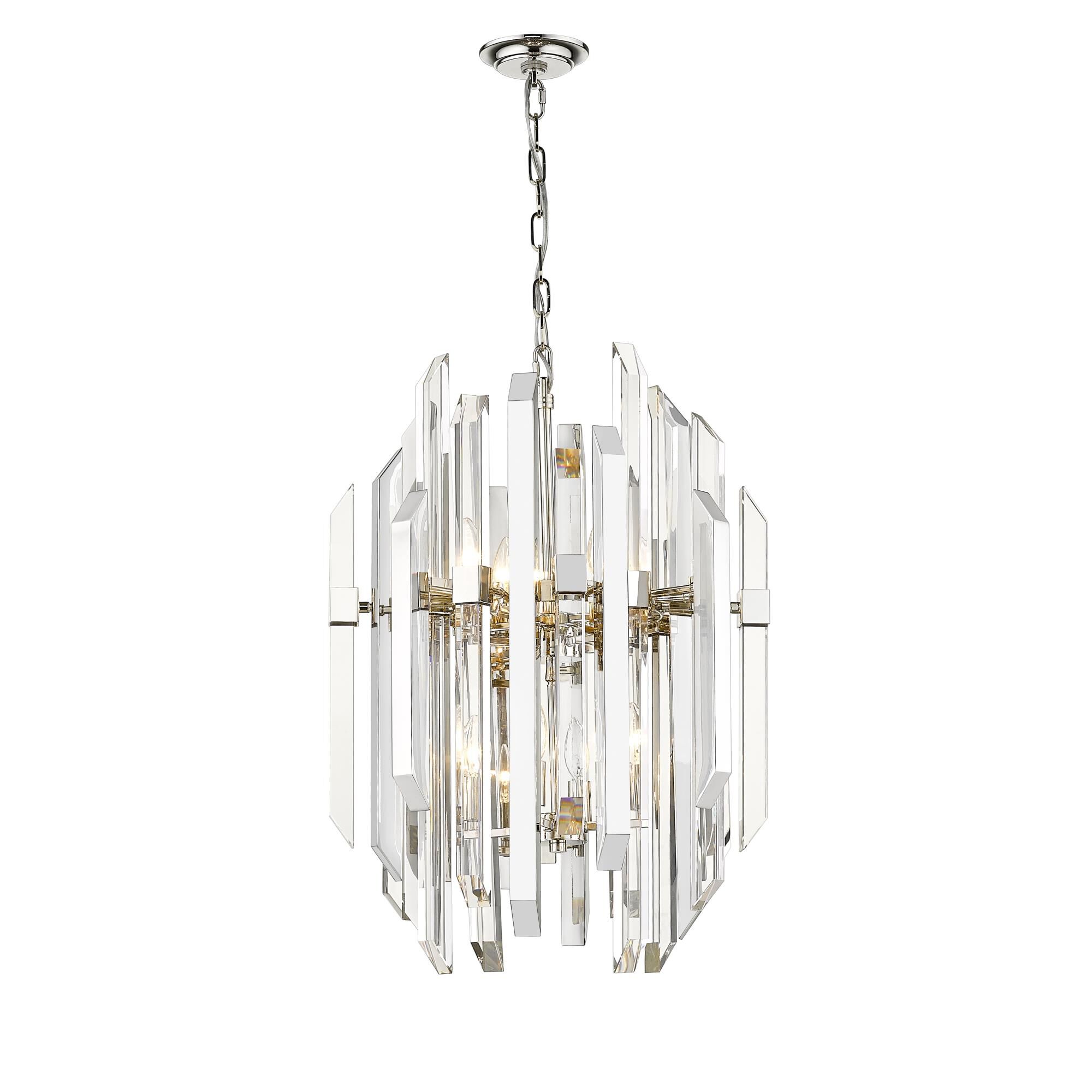 Shown in Polished Nickel finish and Crystal glass and Crystal shade