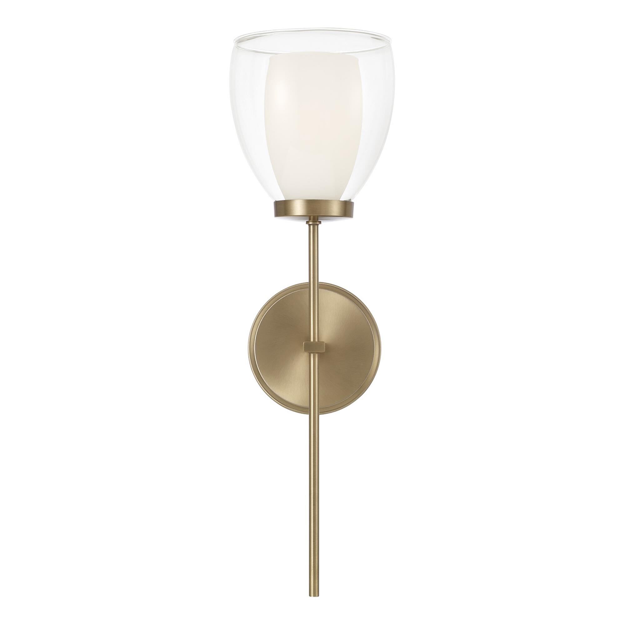Shown in Aged Brass finish and Layered White And Clear glass