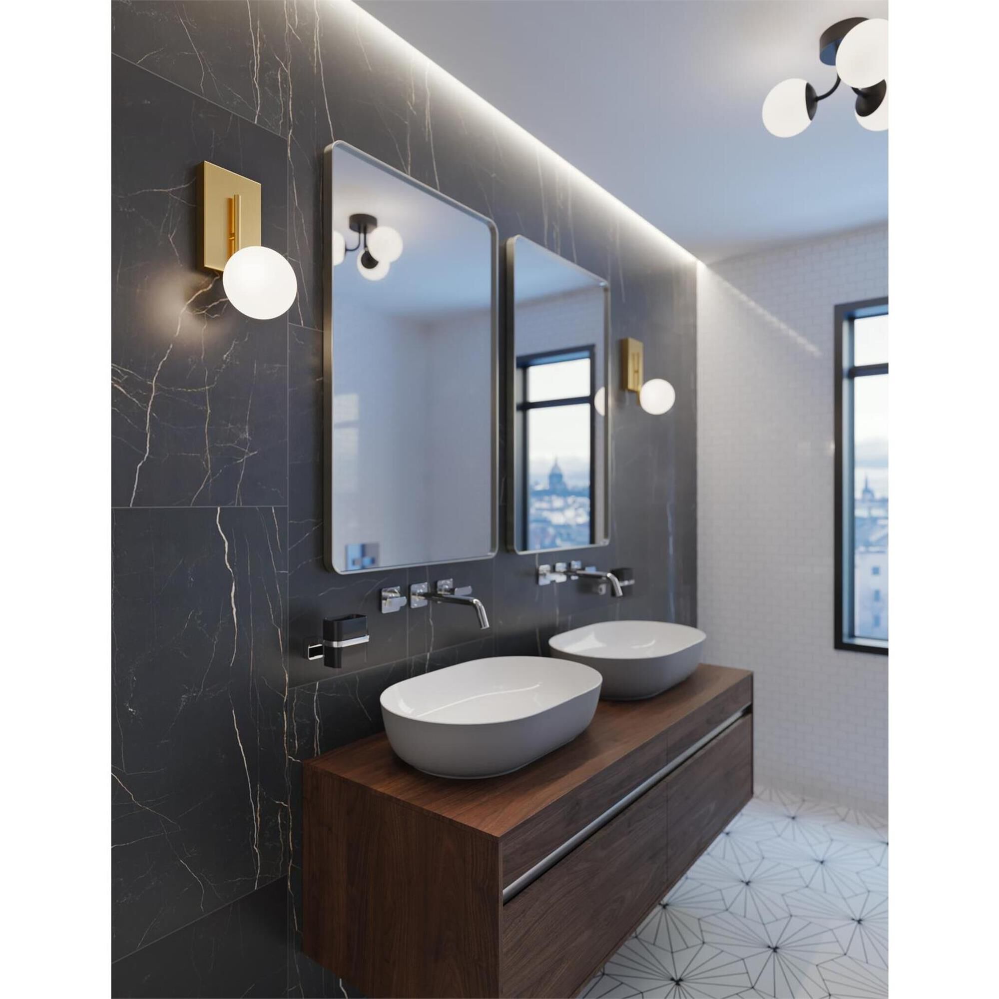 Shown in Satin Brass finish and White glass