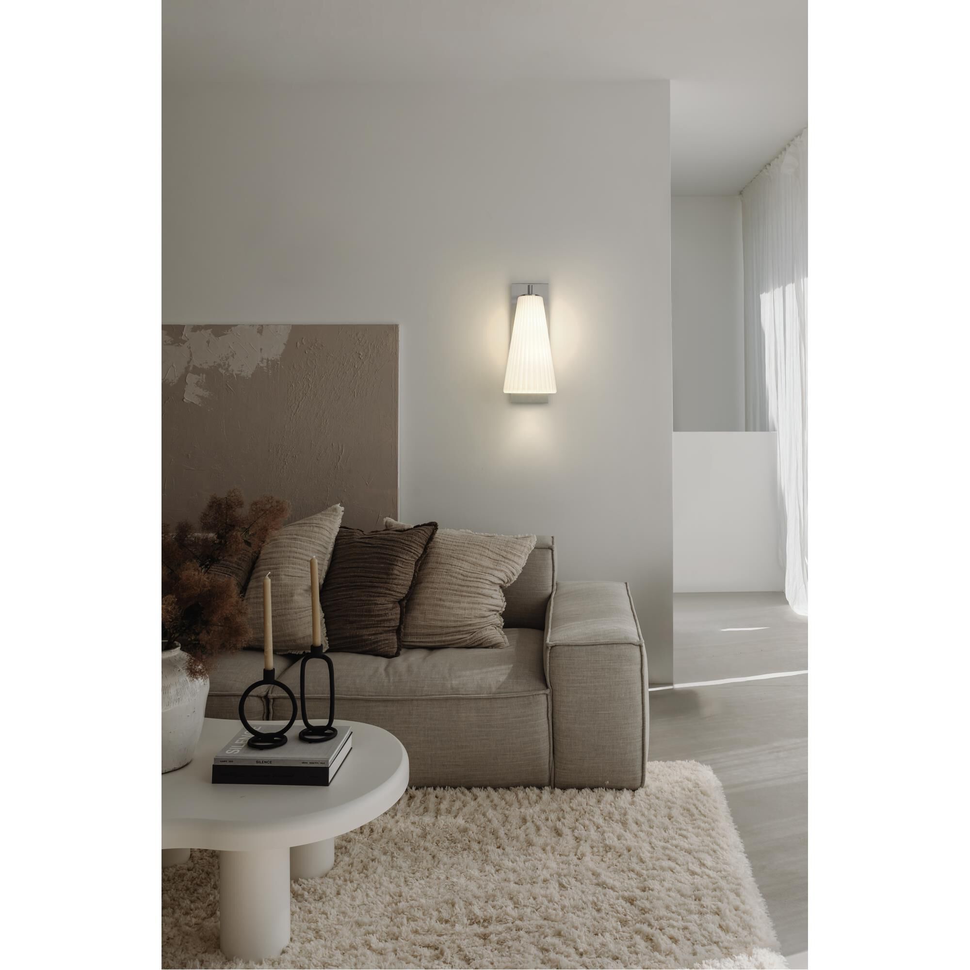 Shown in Brushed Nickel finish and White glass and White shade