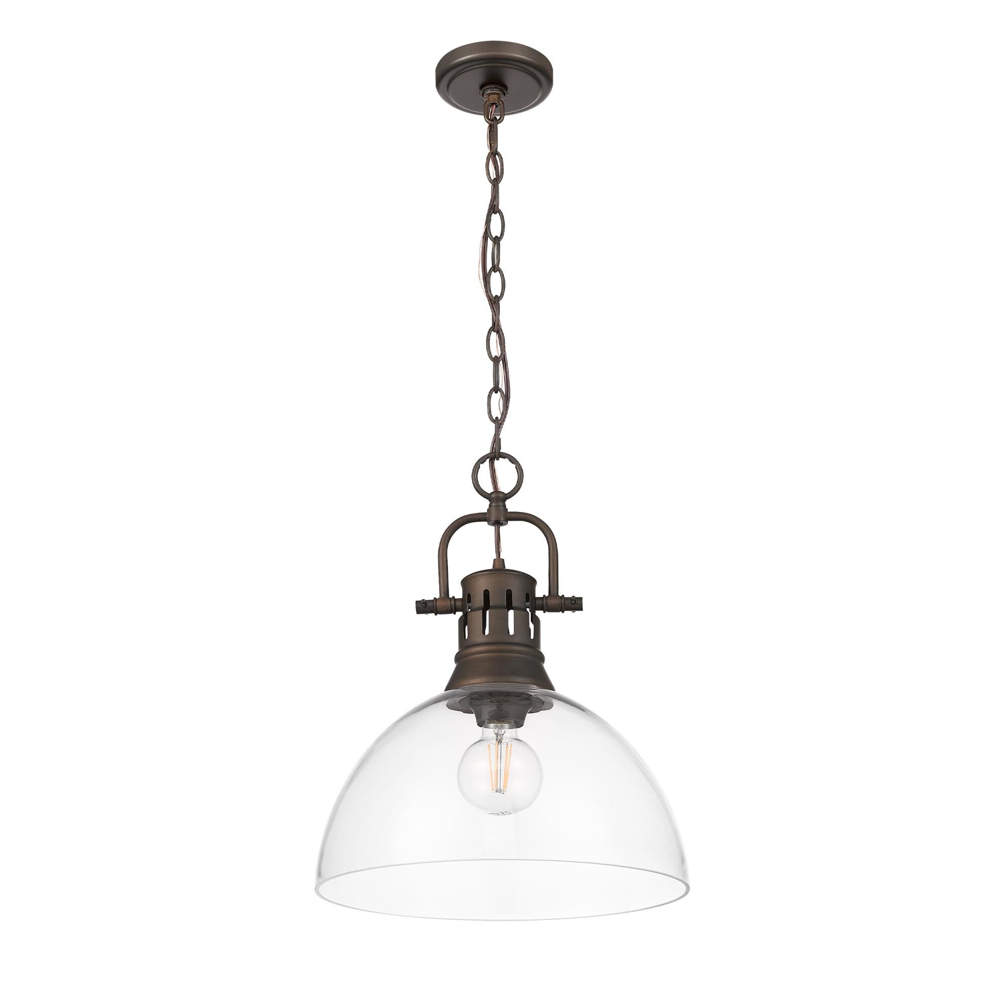 Shown in Rubbed Bronze finish and Clear Glass shade