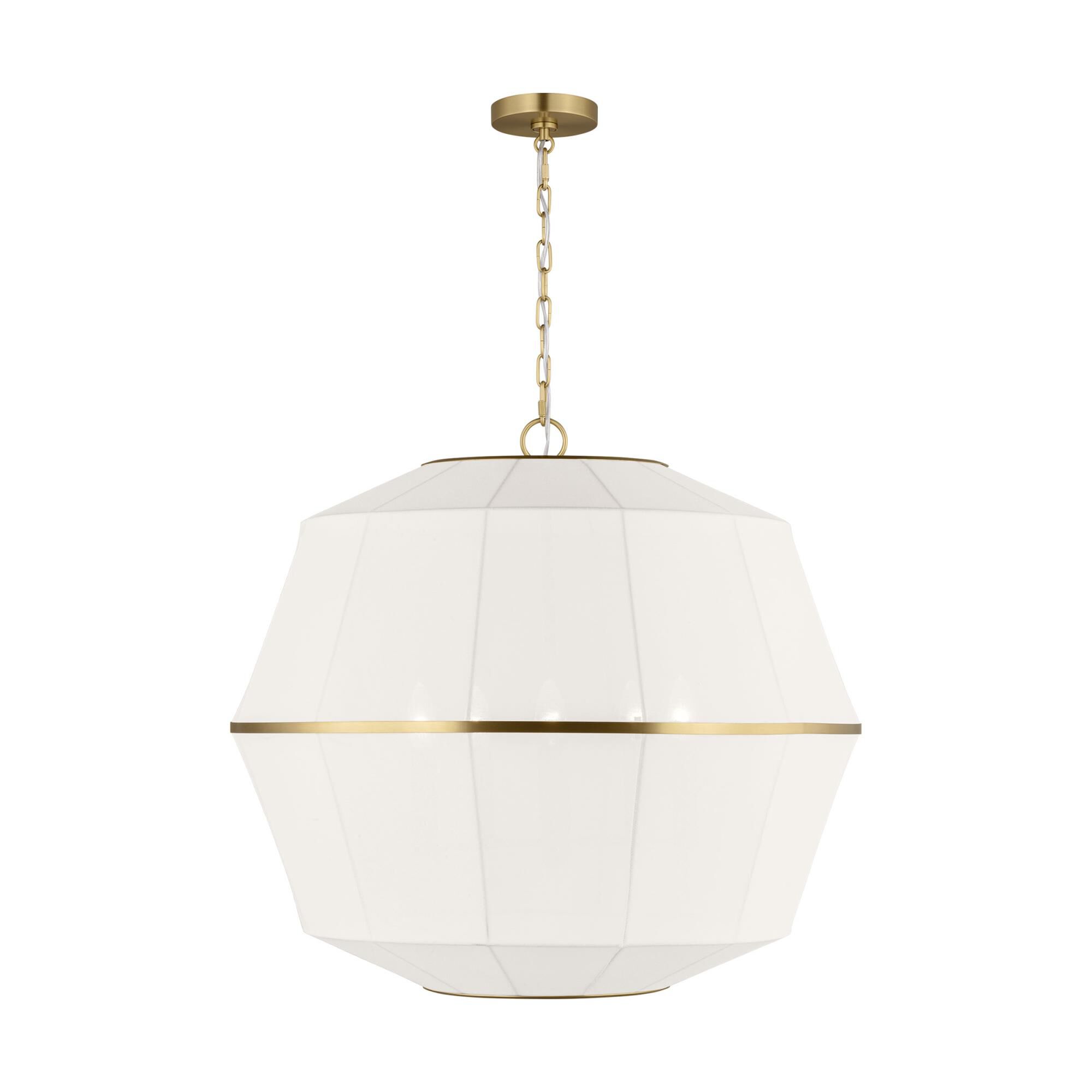 Shown in Burnished Brass finish and White Linen shade