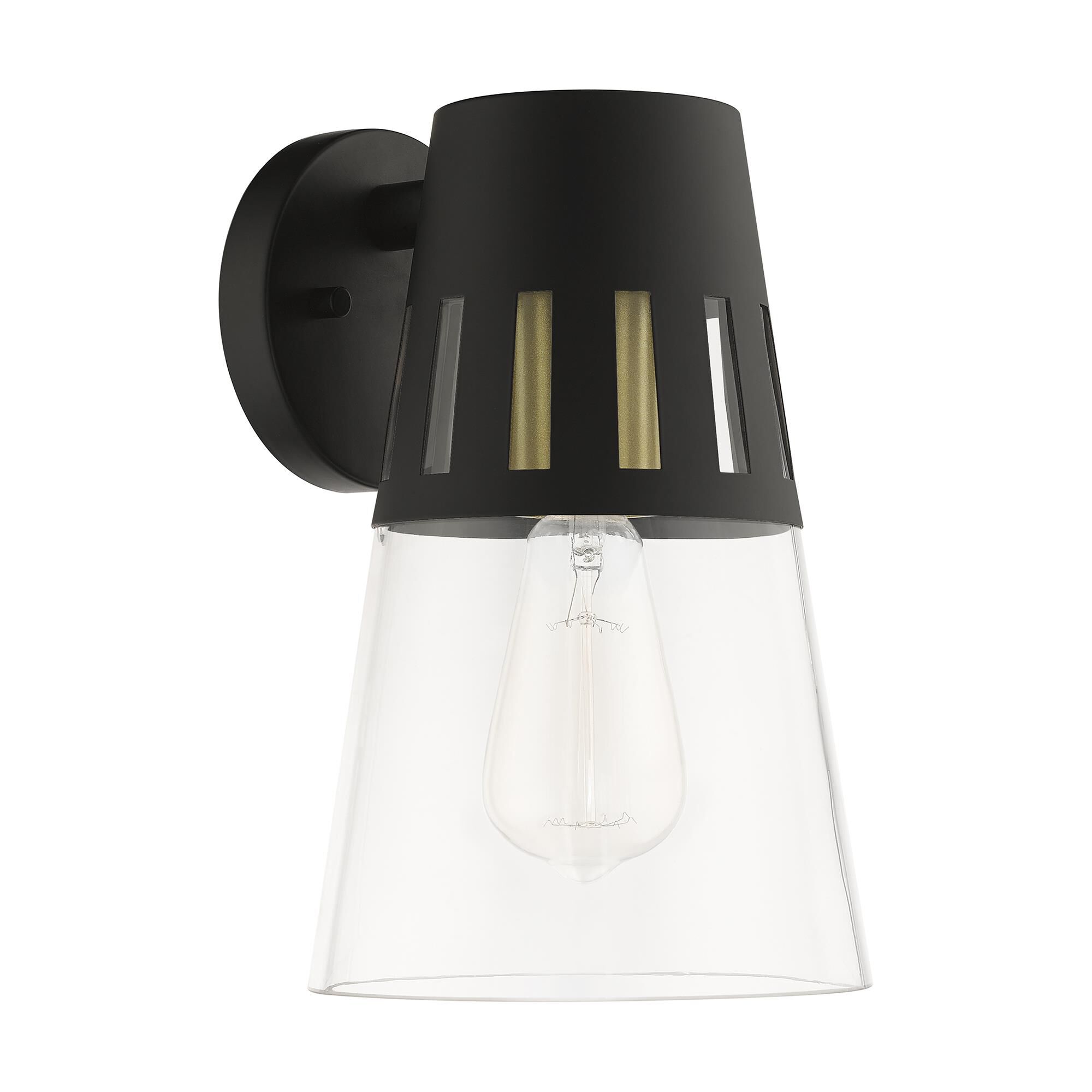 Shown in Black with Soft Gold Accents finish and Hand Blown Clear  glass