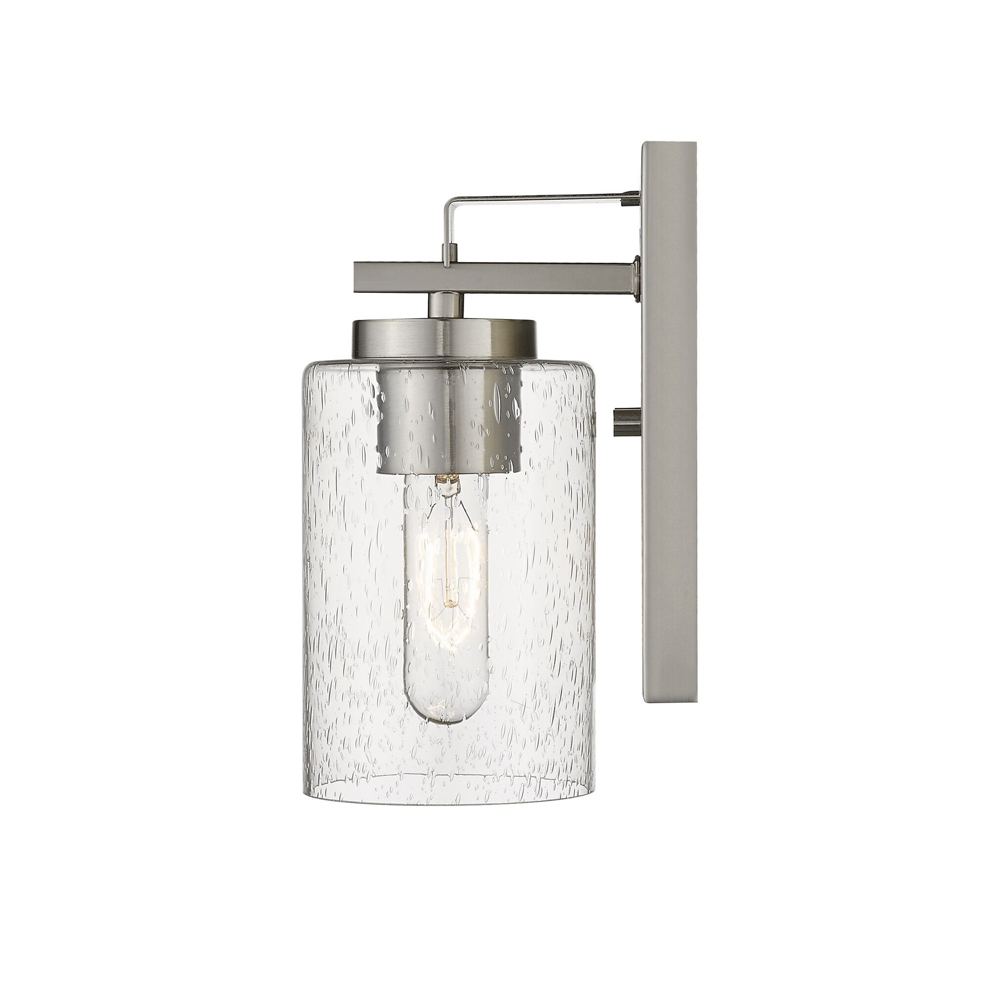 Shown in Satin Nickel finish and Clear glass and Clear, Seeded Cylindrical Glass shade