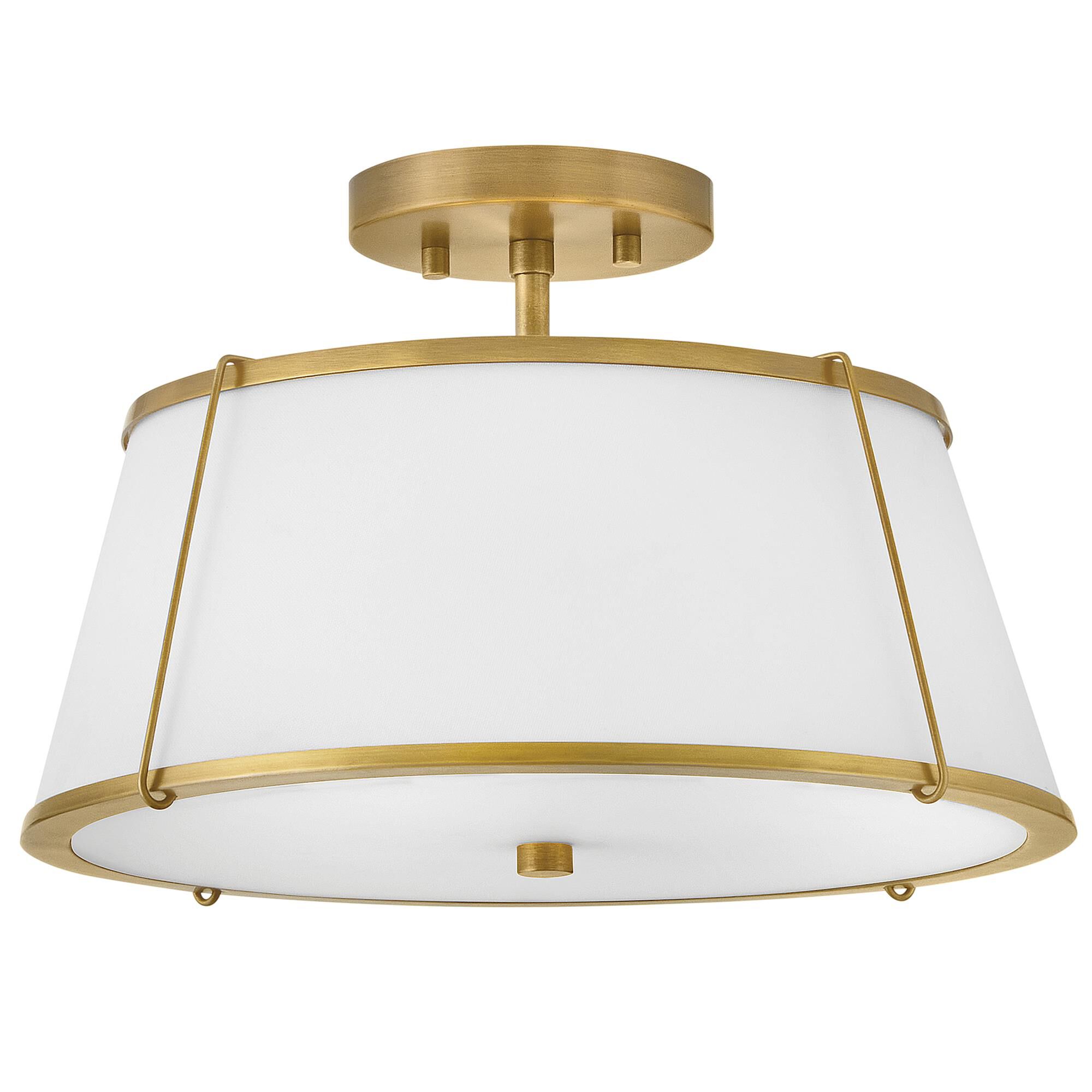 Shown in Lacquered Dark Brass finish and Off-White Linen shade