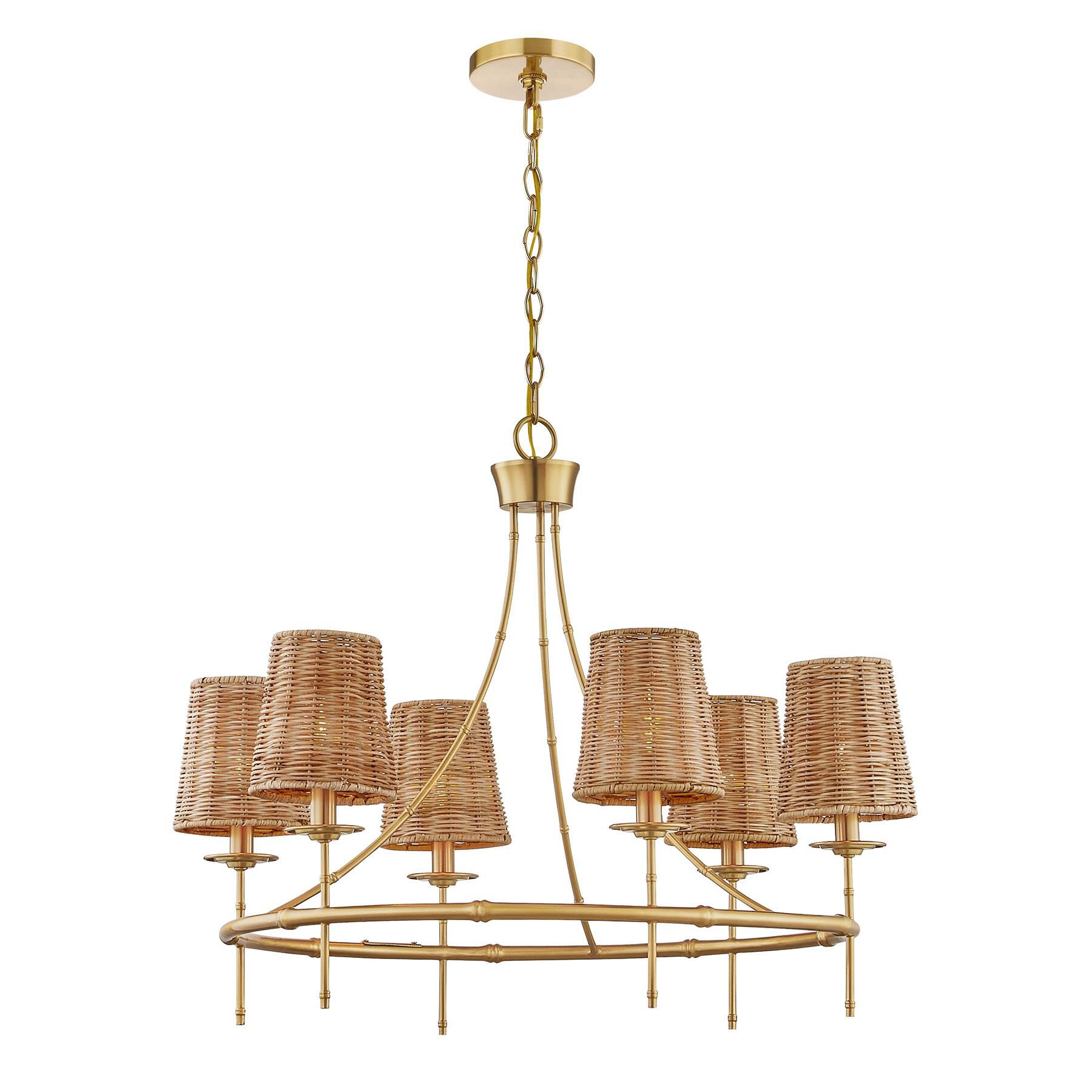 Shown in Warm Brass finish and Rattan shade