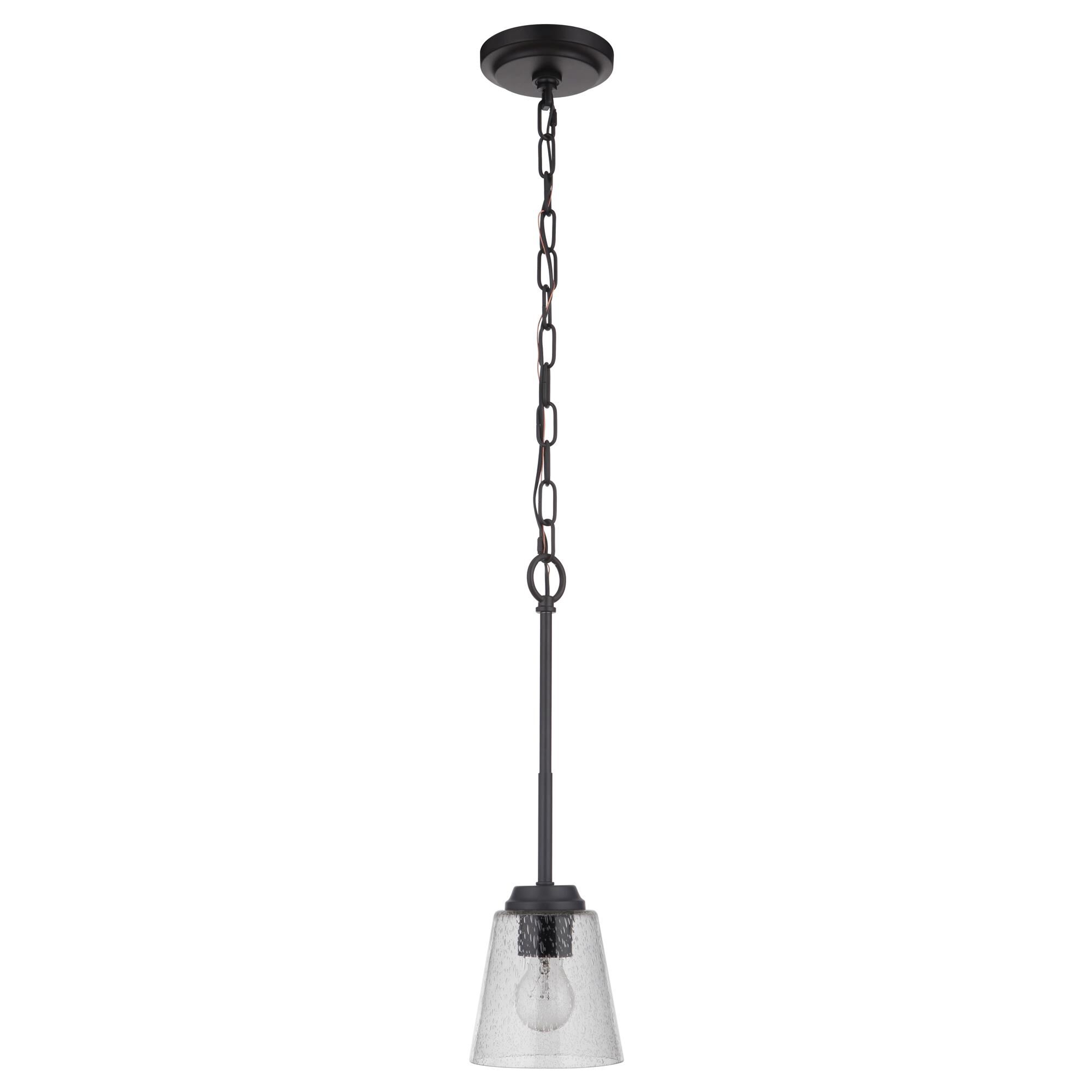 Shown in Flat Black finish and Clear Seeded glass and Glass shade