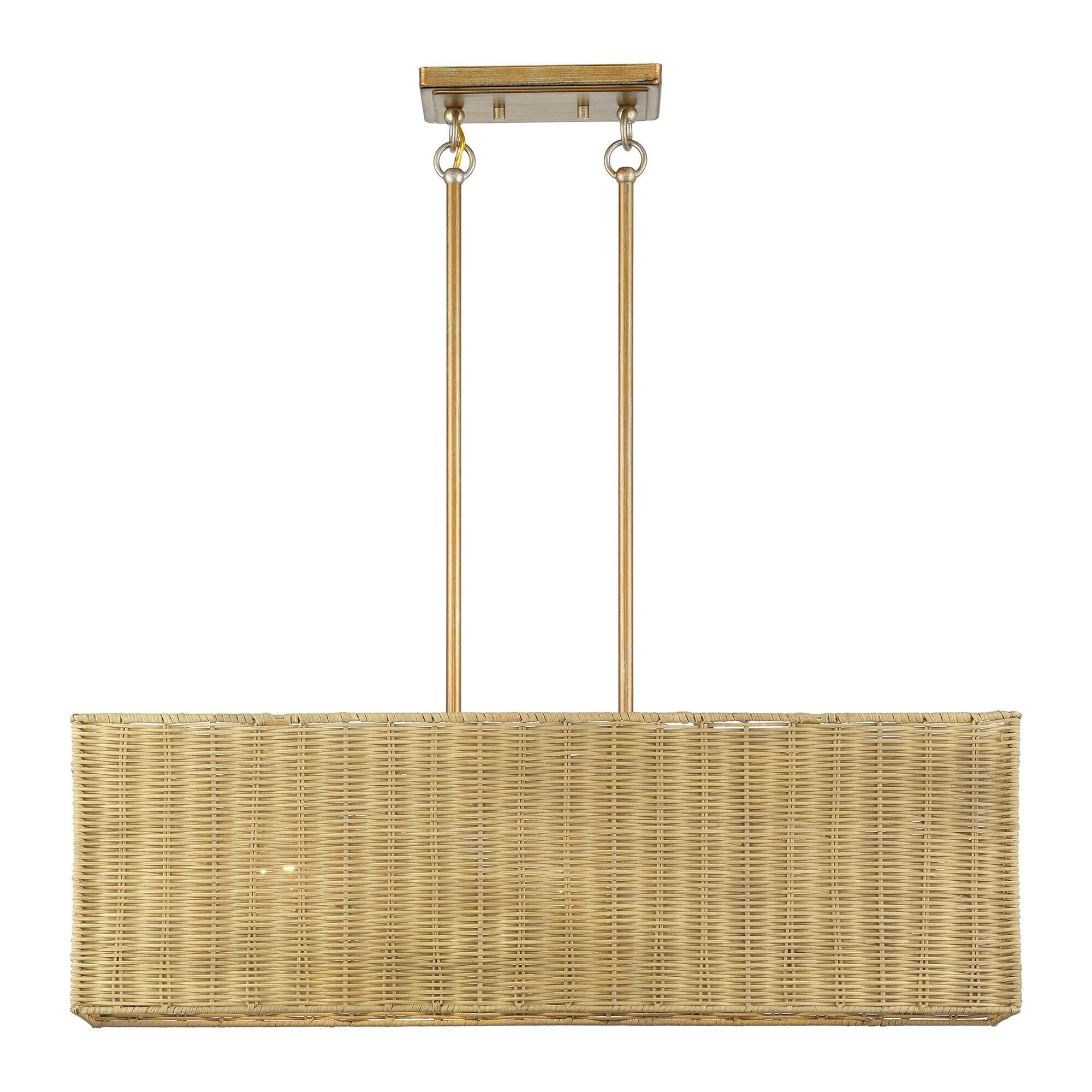 Shown in Antique Gold Leaf finish and Hand-Woven Rustic Walnut Color Rattan shade
