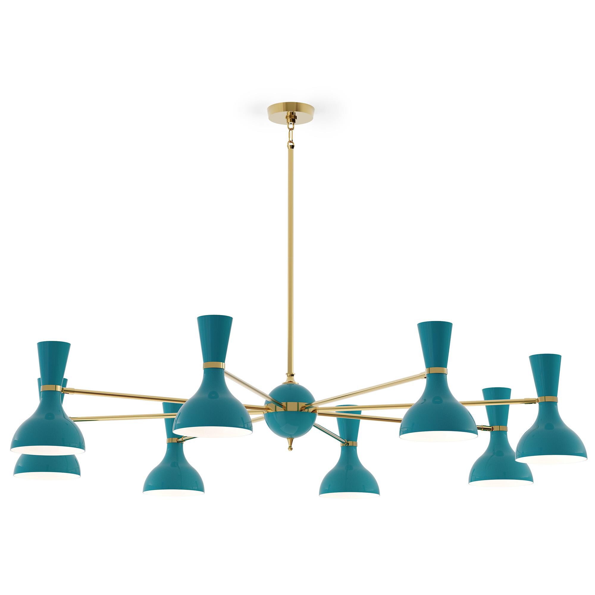 Shown in Modern Brass finish and Peacock shade