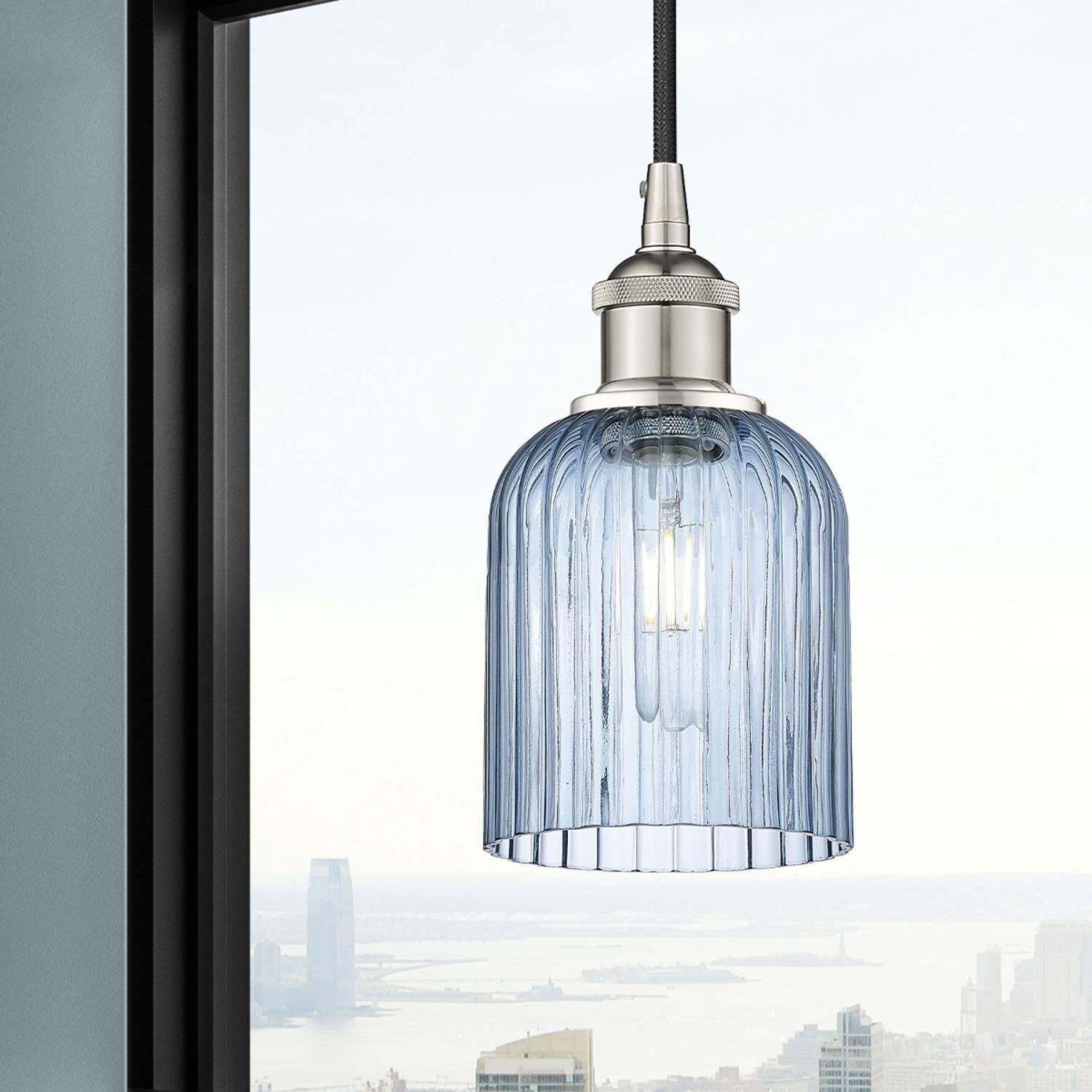 Shown in Polished Nickel finish and Princess Blue glass