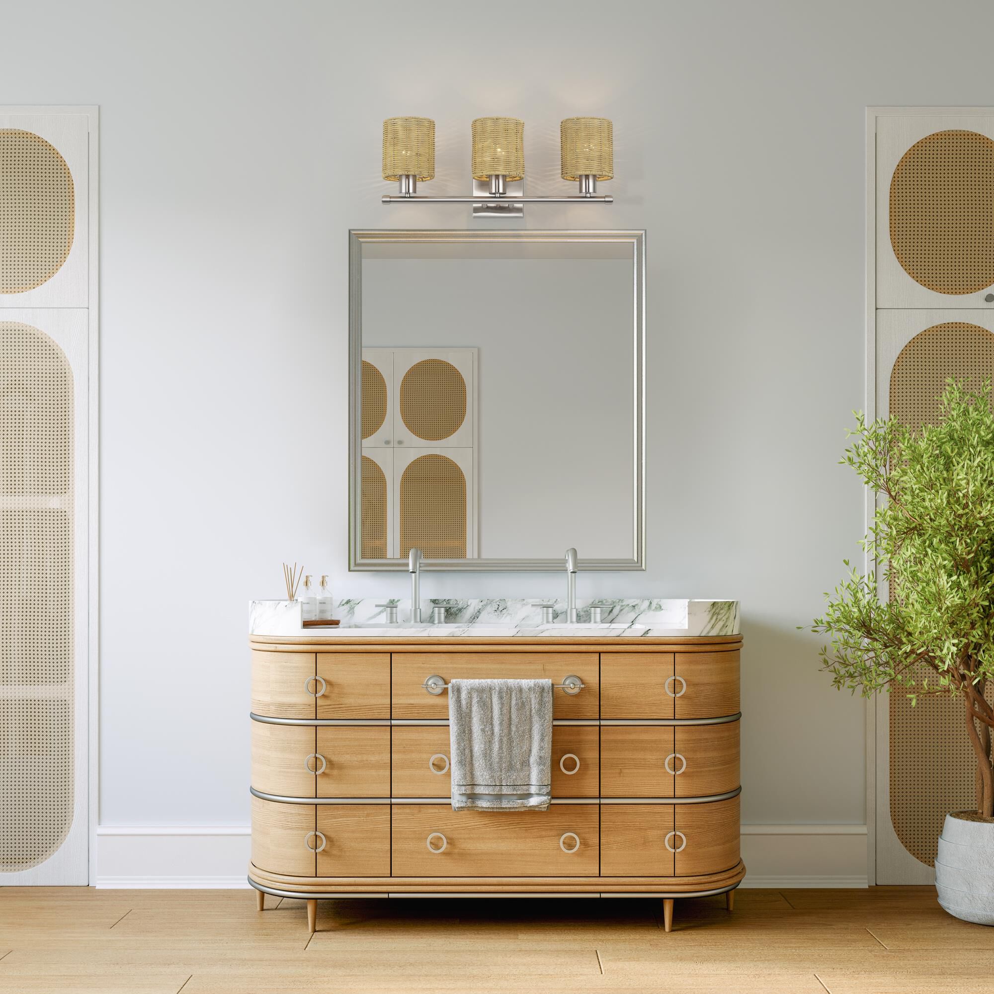 Shown in Brushed Nickel finish and Hand-Woven Rustic Walnut Color Rattan shade