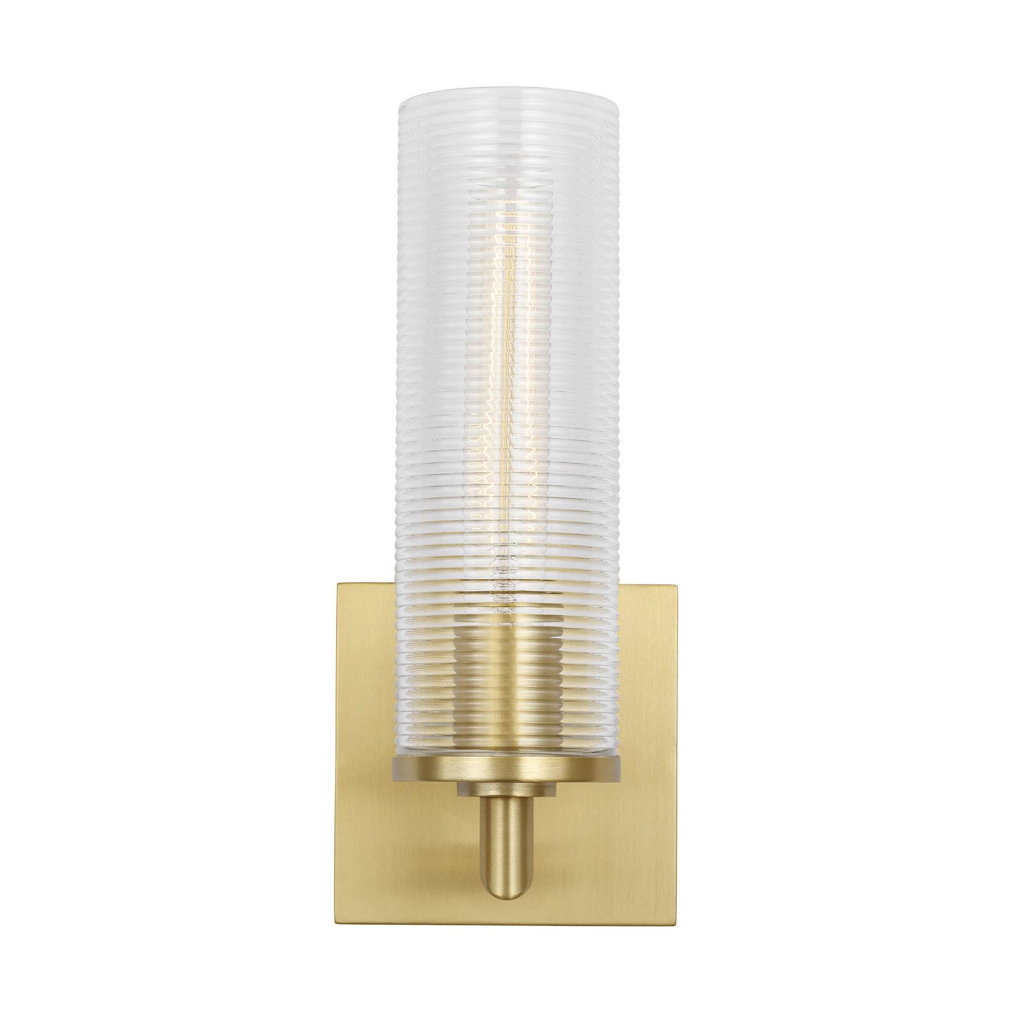Shown in Satin Brass finish and Clear Ribbed glass